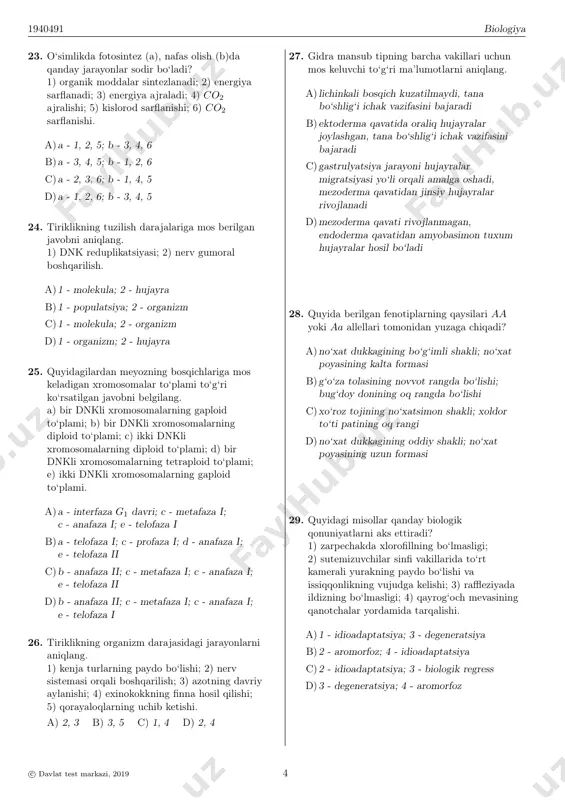 i d)nefrit − buyraklarning yallig‘lanish kasalliklari 16. diploid navli karam (2n=18) o‘simligi tugunchasining urug‘ kurtagidagi diploid to‘plamli hujayra meyoz bo‘linishining anafaza i bosqichida mutatsiya tufayli ikkinchi va oltinchi juft gomologik xromosomalar tarqalmay bir qutbga o‘tib qolsa va shu qutbdan yirik hujayra rivojlansa, hosil bo‘lgan markaziy hujayradagi xromosomalar sonini aniqlang. a) 16 b) 12 c) 20 d) 22 17. issiq qonli (a) va sovuq qonli (b) organizmlarni aniqlang. a)a - chumolixo‘r; b - xameleon b)a - jayra; b - olaqo‘zan c)a - termit; b - tapir d)a - tyin; b - xongul 18. tovuqlarda toj shakli ikki juft noallel komplementar genlar ta’sirida irsiylanadi. gomozigota gulsimon tojli (a) va gomozigota no‘xatsimon tojli (b) tovuq va xo‘rozlar o‘zaro chatishtirilsa yong‘oqsimon tojli tovuqlar hosil bo‘ladi. retsessiv genlar oddiy tojni yuzaga chiqaradi. ab tipdagi gametalari hayotchan bo‘lmagan digeterozigota tovuq va xo‘rozlar o‘zaro chatishtirilib 180ta jo‘ja olindi. yuqoridagi ma’lumotlardan foydalanib, quyidagilarni aniqlang. a) avlodda olingan jo‘jalarning …