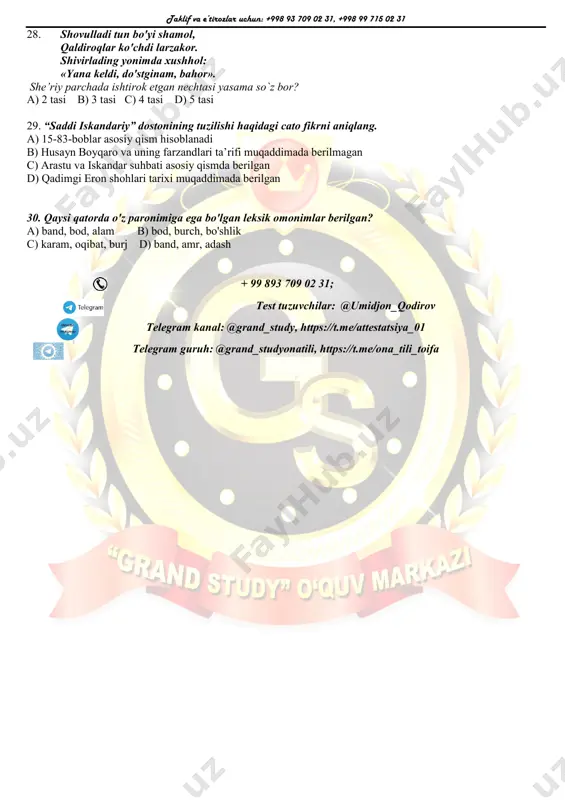 ibdi: devsifat, bir ajdahoday, hech narsani ko'ziga iladigan emas, balki nazariga keltirmay, pisand qiladigan ham emas; shunday haybatli, siyosatli». d) «... oqshomlari qo'liga kamonni olsa, qushni ko‘zidan uraredi. juda mergan edi...» 22. qaysi ergashgan qo'shma gapning ergash gap qismida hosil bo'lish o'rniga ko'ra tilning barcha o'rinlarida hosil bo'lgan tovushlardan iborat fonetik yozuvda yozilgan, aniqlovchi vazifasidagi sodda yasama so‘z qatnashgan? a) olloyorning eng zo‘r sifati shuki, uning qo'lida yig'layotgan chaqaloqlar birdan yupanadi-qoladi. b) ortiqcha g'urur obro'yingni yo‘q qilur, shuning uchun o'zingni boshqalardan baland tutma. c) oraga shunday jimlik cho'kdiki, yuragi gupillab urayotgani aniq eshitila boshladi. d) kimning yuragida yaxshilik bo'lsa, u doim boshqalarga yaxshilikni ravo ko'radi. 23. “dunyolar jangi” ilmiy-fantastik romani kimning qalamiga mansub? a) herbert uells b) yevgeniy veltistov c) hojiakbar shayxov d) mayn rid 24. eng muhimi, mustaqillik tufayli odamlarimizning dunyoqarashi, tafakkuri va ma'naviy qiyofasi o'zgardi. ushbu gap qaysi javobda gap bo'laklarini aniqlash bo'yicha to'g'ri tahlil qilingan? a) uyushiq …