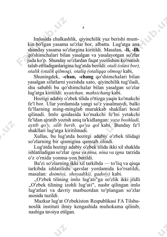 kabi so'zlarda old qator keng unlini ifodalash uchun yoziladi; 2) bahor, zamon; savol, gavda; vasvasa kabi so'zlarning oldingi bo'g'inida, vaqt, vahm kabi so'zlarda a aytiladi va yoziladi. 2. o o harfi: 1) ona, omon, quyosh, fido, baho, xola, lotin; mukofot, mahorat kabi so'zlarda orqa qator keng unlini ifodalash uchun yoziladi; 2) boks, poyezd, tonna, talon; agronom, mikrofon, direktor, termos kabi o'zlashma so'zlar- dagi unlini ifodalash uchun yoziladi. 3. i i harfi: 1) ish, iz, qil; xirmon, ilhom, ikki, ixtisos, shoyi, tulki; volida, piramida; bilan, biroq, sira, qishloq, chiroq kabi so'zlarda old qator tor unlini ifodalash uchun yoziladi; 2) o 'tin, o'rik, bo'lim kabi oldingi bo'g'inida o' unlisi keladigan so'zlarning keyingi bo'g'inida i aytiladi va yoziladi. 4. u u harfi: 1) uy, kip; buzoq, buloq, buxoro; butun, uchuq, usul, yulduz; mafkura; ko'zgu, uyqu; aluminiy, yubiley kabi so'zlarda orqa qator tor unlini ifoda- lash uchun yoziladi; 8 2) qovun, sovun, tovush, yovuz, …