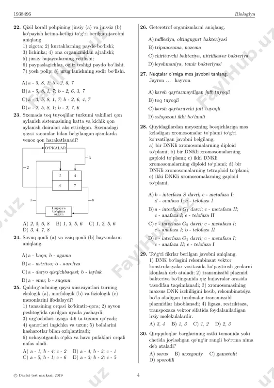 a yong‘oqsimon, 1ta oddiy, 3 no‘xatsimon; b - 80ta b)a - 3ta no‘xatsimon, 5ta yong‘oqsimon, 1ta oddiy tojli; b - 60ta c)a - 3ta no‘xatsimon; 3ta gulsimon, 9ta yong‘oqsimon; b - 72 ta d)a - 3ta gulsimon; 2ta no‘xatsimon, 5ta yong‘oqsimon; b - 60ta 16. parpi (a), chirituvchi bakteriya (b), sariq ilon (c) uchun mos tushunchalar to‘g‘ri berilgan javobni aniqlang. a)a - geterotrof organizm; b - konsument organizm c - avtotrof organizm b)a - redutsent organizm; b - geterotrof organizm; c - konsument c)a - avtotrof organizm; b - produtsent organizm; c - konsument d)a - produtsent organizm; b - redutsent organizm; c - konsument organizm 17. gigrofit (a), kserofit (b) yuksak o‘simliklarni aniqlang. 1) sarsazan; 2) yapon laminariyasi; 3) elodeya; 4) ro‘vak; 5) baliqko‘z; 6) qirqbo‘g‘im; 7) agava; 8) yantoq; 9) qamish; 10) nitella; 11) qo‘g‘a a) a - 2, 6; b - 1, 8 b) a - 3, …