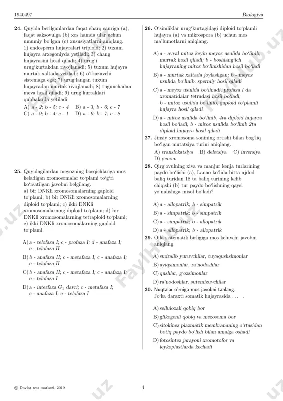 1, 5; solishtirma anatomiya - 2, 4 b)embriologiya - 1, 3; paleontologiya - 2, 4 c) solishtirma anatomiya - 2, 4; embriologiya - 1, 5 d)embriologiya - 1, 2; solishtirma anatomiya - 3, 5 14. energetik almashinuv bosqichlarida noma’lum miqdordagi glukoza to‘liq parchalanganda 7680 kj energiya issiqlik energiyasi sifatida tarqalib ketdi. shu glukozaning parchalanish jarayonida hosil bo‘lgan atfda to‘plangan energiya miqdorini (kj) aniqlang. a) 8640 b) 7200 c) 7600 d) 9120 15. dala qirqbo‘g‘imi (a) va suv qirqqulog‘i (b) ning gametalari yetiladigan organlarni aniqlang. a) a - arxegoniy; b - arxegoniy b) a - sporangiy; b - arxegoniy c) a - sporangiy; b - sporangiy d) a - anteridiy; b - sporangiy c© davlat test markazi, 2019 2 biologiya 1940497 16. chumolilar haqidagi to‘g‘ri ma’lumotni aniqlang. a) termitlar turkumiga mansub b) ishchi chumolilar nasl qoldirish qobiliyatini yo‘qotgan erkaklar c)chayonlar turkumiga mansub, eng yirik o‘rgimchaksimon d)pardaqanotlilar turkumiga mansub 17. nuqtalar o‘rniga …