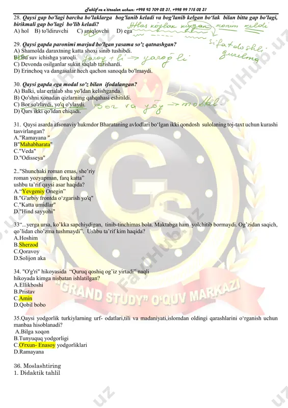 ) zavqiy 22. egasi shakldoshlik xususiyatiga ega bo'lgan sabab holli ergashgan qo'shma gap berilgan qatorni toping. a) biz shu yo'lga sodiqmiz, chunki boshqa yo'l yo'q. b) odam harom va halolning farqiga bora oladi, chunki toza bilan pok tushunchalari o'rtasida kata farq bor. c) gul barglari uchishadi, tushmayin deb qo'lingga. d) yovlar yakson bo'lsin deb, yigitlar jang boshladi, yovlar qocha boshladi. 23. omonim so'zlar berilgan qatorni aniqlang. a) mahal, istak, kuz b) kub, kuva, kuz c) ko'ra, maysa, kadr d) istak, kalla, kran 24. qaysi javobda paronim bilan bog'liq xatolik mavjud? a) shoh mashrab qoni senda urdi tug'yon, o'zbegim. b) garchi bog'lar kezib yurmadik birga, eslasak, arzirli xush damimiz bor. c) tonggi shabada ruhimga ajib bir ma’yuslik bag'ishladi. d) amrning oshidan faqirning mushti yaxshi. 25. quyida berilganlardan nechtasi sof modal so'zlar hisoblanadi? ehtimol, faqat, shekilli, shubhasiz, aftidan, nahotki, xullas, koshki. a) 5 v) 3 c) 4 d) 2 26. qaysi javobdagi …