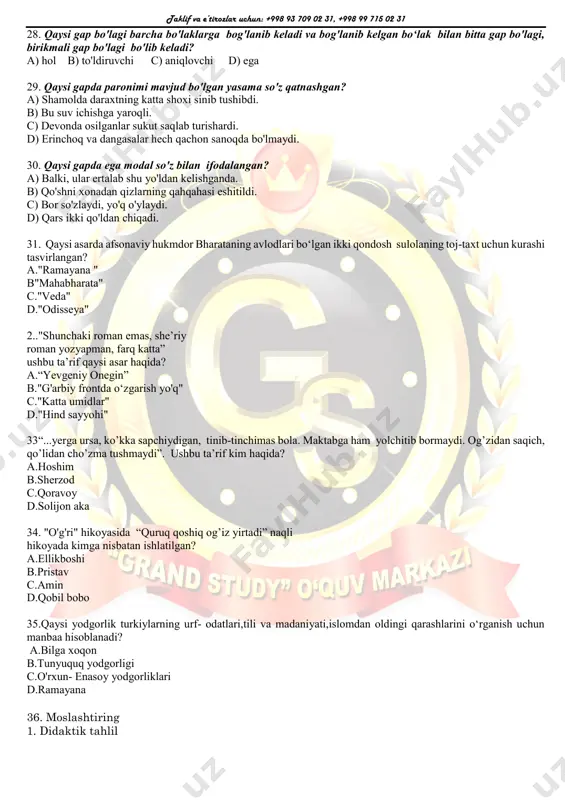 ) zavqiy 22. egasi shakldoshlik xususiyatiga ega bo'lgan sabab holli ergashgan qo'shma gap berilgan qatorni toping. a) biz shu yo'lga sodiqmiz, chunki boshqa yo'l yo'q. b) odam harom va halolning farqiga bora oladi, chunki toza bilan pok tushunchalari o'rtasida kata farq bor. c) gul barglari uchishadi, tushmayin deb qo'lingga. d) yovlar yakson bo'lsin deb, yigitlar jang boshladi, yovlar qocha boshladi. 23. omonim so'zlar berilgan qatorni aniqlang. a) mahal, istak, kuz b) kub, kuva, kuz c) ko'ra, maysa, kadr d) istak, kalla, kran 24. qaysi javobda paronim bilan bog'liq xatolik mavjud? a) shoh mashrab qoni senda urdi tug'yon, o'zbegim. b) garchi bog'lar kezib yurmadik birga, eslasak, arzirli xush damimiz bor. c) tonggi shabada ruhimga ajib bir ma’yuslik bag'ishladi. d) amrning oshidan faqirning mushti yaxshi. 25. quyida berilganlardan nechtasi sof modal so'zlar hisoblanadi? ehtimol, faqat, shekilli, shubhasiz, aftidan, nahotki, xullas, koshki. a) 5 v) 3 c) 4 d) 2 26. qaysi javobdagi …