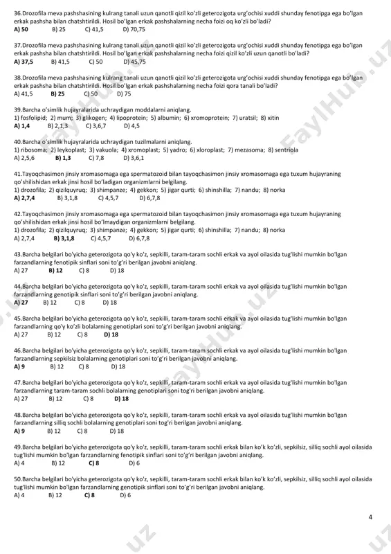 n holda irsiylanadi. digeterozigota organizmlar chatshtirilganda kech pat hosil qiladigan chipor rangli jo’jalar avlodni necha foizini tashkil qiladi? (xo’roz dominant genlarni faqat otasidan olgan, krossingover 20%) a) 5% b) 12,5% c) 60% d) 70% 26.tovuqlarda erta pat hosil qilish va chipor rang kech pat hosil qilish va qora rangga nisbatan dominantlik qiladi. bu belgilarni ifodalovchi noallel genlar autosomada birikkan holda irsiylanadi. digeterozigota organizmlar chatshtirilganda kech pat hosil qiladigan qora rangli jo’jalar avlodni necha foizini tashkil qiladi?? (xo’roz bitta dominant genni otasidan, ikkinchisini onasidan olgan, krossingover 20%) a) 5% b) 20% c) 50% d) 12,5% 27.bittadan ortiq kodonga ega aminokislotalarni necha xil triplet kodon kodlaydi? a) 64 b) 61 c) 59 d) 20 28.bittadan ortiq kodonga ega bo’lmagan aminokislotalarni necha xil triplet kodon kodlaydi? a) 6 b) 61 c) 59 d) 2 29.noto'g'ri fikrlarni aniqlang. a) hayotning hujayraviy shakllarida nukleoprotein mavjud b) xushbo’y no’xatning mikrosporasidagi xromosomalar soni 7 ta 3 c) …