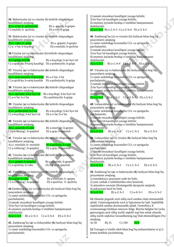 c) a-2,3; b-5,4; c-1,6 d) a-5,3; b-1,4; c-2,6 17.anabiozga xos bo’lgan (a) va xos bo’lmagan (b) misollarni juftlab ko’rsating. 1) mikroorganizm sporalari; 2) sodda hayvonlar sistalari; 3) yo’sinlar sporalari; 4) o’simlik urug’lari; 5) qush tuxumi; 6) baqa tuxumlari. a) a-1,2,4,5; b-3,6 b) a-3,6; b-1,2,4,5 c) a-1,3,4,6; b-2,5 d) a-2,5; b-1,3,4,6 18. anabiozga xos bo’lmagan (a) va xos bo’lgan (b) misollarni juftlab ko’rsating. a) a-3,6; b-,12,4,5 b) a-3,6; b-1,2,4,5 c) a-1,3,4,6; b-2,5 d) a-2,5; b-1,3,4,6 19.atmosferaning ifloslanishi ayniqsa qaysi metallarning zarrachalari hisobiga tobora ortib bormoqda? 1) kadmiy; 2) qo’rg’oshin; 3) xrom; 4) magniy; 5) natriy; 6) kalsiy; 7) mis; 8) nikel. a) 1,2,3,4 b) 2,3,4,5 c) 1,2,7,8 d) 2,3,6,7 20.autekologiya (a) va sinekologiya (b) nimani o’rganadi? 1) daroyi va zarmiton navlari kiruvchi turlarning o’zaro va muhit bilan munosabatini ; 2) cho’gari va zarmiton navlari kiruvchi turlarning o’zaro va muhit bilan munosabatini; 3) cho’gari va sohibi navlari kiruvchi turlarning o’zaro va muhit …