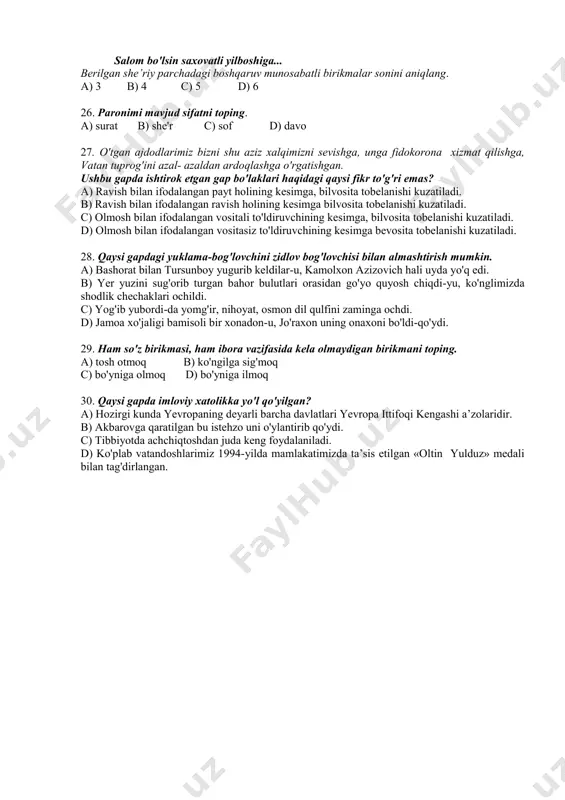 yona»ni qabul qilib, raqiblar darvozasiga beshta to'p kirgizishga muvaffaq bo'ldi; 3) prezidentimiz adashganlar uchun to'g'ri yo'lni ko'rsatib berdi; 4) navbatim sumka ko'targan «jinsi»dan keyin; 5) muallif dutor haqida yozadi va bu bilan o'zbek cholg'u asbobini birinchi bo'lib tilga oladi; 6) tun o'z o'rnini tongga bo'shatib berdi. yuqoridagi keltirilgan gaplarning ma’no ko'chish turini aniqlang. a) 1, 2, 6 ,- metafora, 3, 4, 5 - metonimiva b) 1, 5, 6 - metafora, 2, 3, 4 - metonimiva c) 1, 3, 4, 6 - metafora, 2, 5 - metonimiva d) 1, 3, 5, 6 - metafora, 2, 4 - metonimiya 21. shu payt uydan - yotog'imizdan bolalar ham birin-ketin ko‘zlarini uqalab, har yoqqa qarab tushib kela boshladi. ushbu gap ravishlar haqida bildirilgan to'g'ri hukmni aniqlang. a) 4 ta yasama ravish ishtirok etgan b) 2 ta yasama ravish ham tobe, ham hokim qism vazifasini bajargan c) barcha yasama ravishlar gapda faqat tobe qism vazifasida …