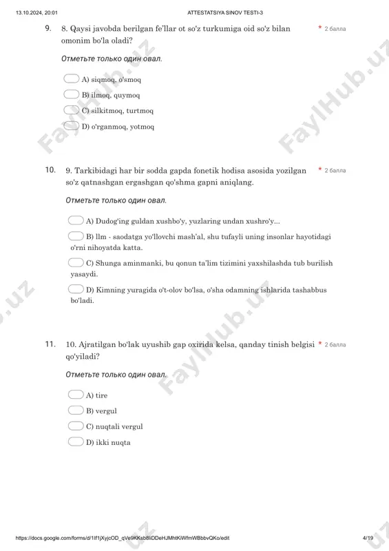 pli qo'shma gapni aniqlang. * 14. paronimi mavjud sifatni toping. * 13.10.2024, 20:01 attestatsiya sinov testi-3 https://docs.google.com/forms/d/1if1jxyjcod_qve9kksb8liddehjmhtkiwfmwbbbvqko/edit 6/19 16. 2 balla otmette tolko odin oval. a) ravish bilan ifodalangan payt holining kesimga, bilvosita tobelanishi kuzatiladi. b) ravish bilan ifodalangan ravish holining kesimga bilvosita tobelanishi kuzatiladi. c) olmosh bilan ifodalangan vositali to'ldiruvchining kesimga, bilvosita tobelanishi kuzatiladi. d) olmosh bilan ifodalangan vositasiz to'ldiruvchining kesimga bevosita tobelanishi kuzatiladi. 17. 2 balla otmette tolko odin oval. a) bashorat bilan tursunboy yugurib keldilar-u, kamolxon azizovich hali uyda yo'q edi. b) yer yuzini sug'orib turgan bahor bulutlari orasidan go'yo quyosh chiqdi- yu, ko'nglimizda shodlik chechaklari ochildi. c) yog'ib yubordi-da yomg'ir, nihoyat, osmon dil qulfini zaminga ochdi. d) jamoa xo'jaligi bamisoli bir xonadon-u, jo'raxon uning onaxoni bo'ldi- qo'ydi. 15. o'tgan ajdodlarimiz bizni shu aziz xalqimizni sevishga, unga fidokorona xizmat qilishga, vatan tuprog'ini azal- azaldan ardoqlashga o'rgatishgan. ushbu gapda ishtirok etgan gap bo'laklari haqidagi qaysi fikr to'g'ri emas? …