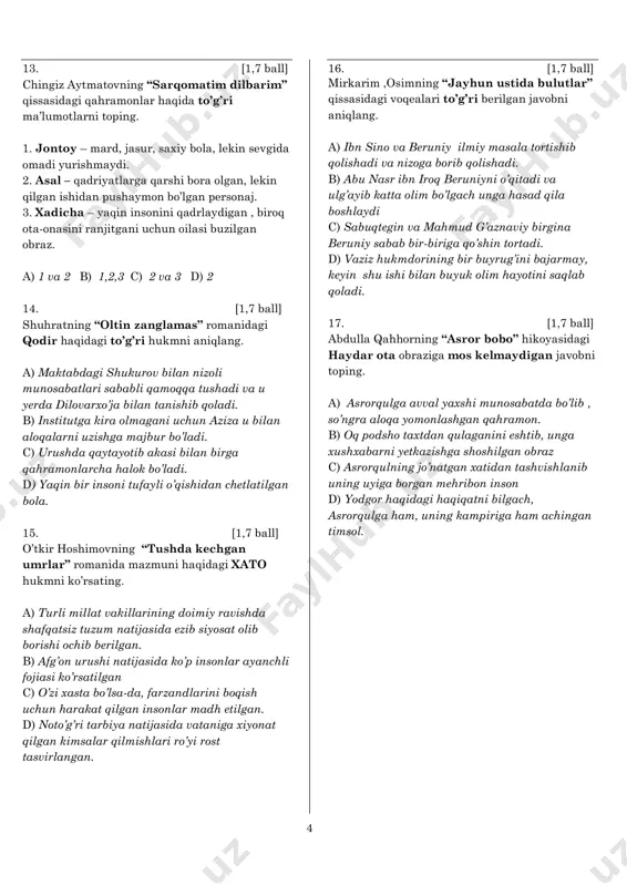 oto‟g‟ri tarbiya natijasida vataniga xiyonat qilgan kimsalar qilmishlari ro‟yi rost tasvirlangan. 16. [1,7 ball] mirkarim ,osimning “jayhun ustida bulutlar” qissasidagi voqealari to‟g‟ri berilgan javobni aniqlang. a) ibn sino va beruniy ilmiy masala tortishib qolishadi va nizoga borib qolishadi. b) abu nasr ibn iroq beruniyni o‟qitadi va ulg‟ayib katta olim bo‟lgach unga hasad qila boshlaydi c) sabuqtegin va mahmud g‟aznaviy birgina beruniy sabab bir-biriga qo‟shin tortadi. d) vaziz hukmdorining bir buyrug‟ini bajarmay, keyin shu ishi bilan buyuk olim hayotini saqlab qoladi. 17. [1,7 ball] abdulla qahhorning “asror bobo” hikoyasidagi haydar ota obraziga mos kelmaydigan javobni toping. a) asrorqulga avval yaxshi munosabatda bo‟lib , so‟ngra aloqa yomonlashgan qahramon. b) oq podsho taxtdan qulaganini eshtib, unga xushxabarni yetkazishga shoshilgan obraz c) asrorqulning jo‟natgan xatidan tashvishlanib uning uyiga borgan mehribon inson d) yodgor haqidagi haqiqatni bilgach, asrorqulga ham, uning kampiriga ham achingan timsol. 5 o‟rgimchaksimonlar i o„rgimchaklarning ko„pchilik turlari yirtqich bo„lib, pashsha, chivin kabi …