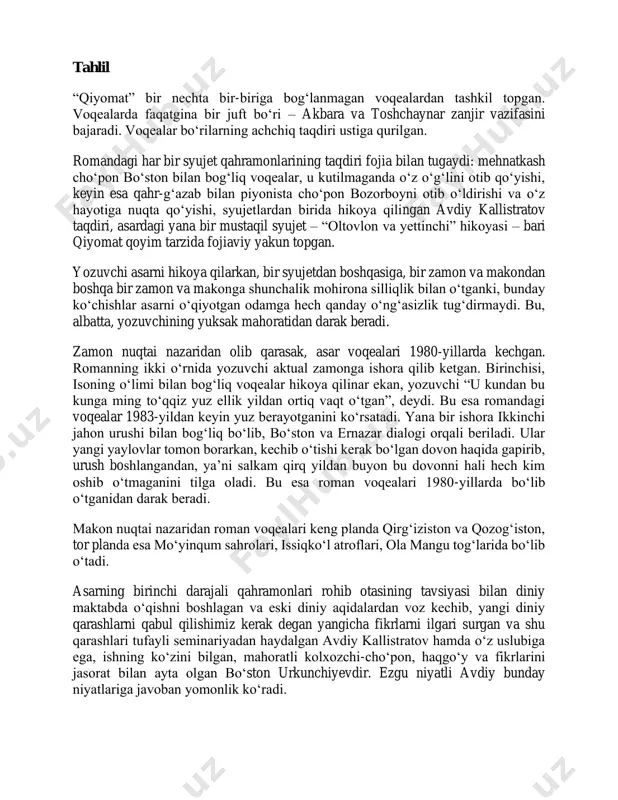 a bir yil yashaydi, nasl qoldirish ilinjida navbatdagi urinishlari yana samarasiz bo‘ladi. tog‘dagi konga yo‘l ochish maqsadida qamishzorga o‘t qo‘yiladi. qamishzor bilan birga besh bo‘ri bolasining kuli ko‘kka sovriladi. endi akbara va toshchaynar bu yerlardan uzoqqa, inson qadami yetishi qiyin bo‘lgan tog‘larga chiqib ketadi. bu ularning nasl qoldirish uchun so‘nggi imkoniyati edi. endigi voqealar bozorboy noygutovning bir guruh geologlarni manzilga yetkazib qaytayotgada nogahon to‘rt bo‘ri bolasiga duch kelib, pul topish ilinjida bo‘richalarni inidan o‘g‘irlab ketishi bilan boshlanadi. bular sho‘rlik akbara va toshchaynarning bolalari edi. ovga ketgan bo‘rilar iniga qaytib, bolalarining yo‘qligini ko‘rgach, umidsiz holda bozorboyni ta’qib qila boshlaydi. bo‘rilar unga yetay deb qolganda bozorboy o‘sha atrofda tanilgan cho‘pon bo‘stonning uyiga kirib, bo‘rilardan qutulib qoladi. bu paytda bo‘ston uyda yo‘q edi. bir muddatdan keyin bozorboy bo‘richalarni olib o‘z uyiga ketadi. akbara va toshchaynar esa, ming afsuski, buni payqamay qoladi va bolalarini qidirib, bo‘stonning uyi atrofida bo‘zlashni kanda qilmaydi. uyiga kelib, voqeadan …
