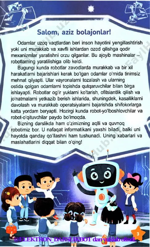 yuklab olindi. 4-dars ax bo rot axborot qabul qiluvchilar biz predmetlarni ko'rish, ularni qo‘l bilan ushlash, hidini hidlash, tovushini eshitish, mazasini tatib ko'rish orqali atrofimizdagi olam haqida axborotlarga ega bo'lamiz. ' l axborot qabul qiluvchi axborot oluvchi obyektdir. axborot har doim axborot manbayidan axborot qabul qiluvchiga uzatiladi. ■ salom, aziza! ustoz va murabbiylar kuni munosabati bilan ustozlar haqida she’r yodlashimiz kerak. axborot manbayi axborot qabul qiluvchilar aziza va mobil telefon - axborot qabul qiluvchilar. telefon axborotni signal shaklida, aziza esa tovush shaklida qabul qiladi. @elektron_darslikbot dan yuklab olindi. axborot 4-dars 1. rasmdagi qaysi obyektlar axborot qabul qiluvchilar, qaysilari axborot manbayi hisoblanadi? ft- 2. bir vaqtning o‘zida o'zingiz ham axborot qabul qiluvchi, ham axborot manbayi bo'la oladigan vaziyatni o'ylab toping. f^ a 3. savollarga javob bering. • axborot qabul qiluvchilar deb nimalarga aytiladi? • axborot qabul qiluvchini qanday aniqlash mumkin? ☆@elektron_darslikbot dan yuklab olindi. 5-dars ax bo rot axborotni taqdim etish …