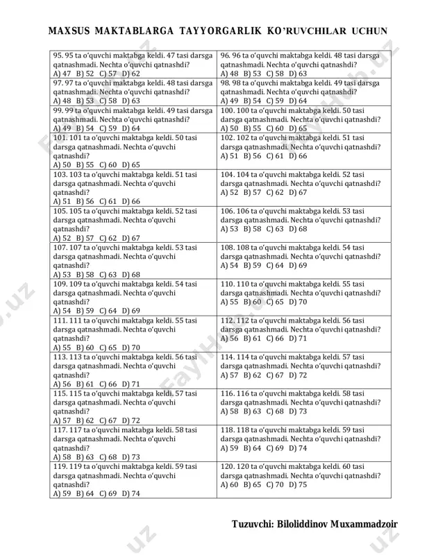 di? a) 25 b) 30 c) 35 d) 40 52. 52 ta o‘quvchi maktabga keldi. 26 tasi darsga qatnashmadi. nechta o‘quvchi qatnashdi? a) 26 b) 31 c) 36 d) 41 53. 53 ta o‘quvchi maktabga keldi. 26 tasi darsga qatnashmadi. nechta o‘quvchi qatnashdi? a) 26 b) 31 c) 36 d) 41 54. 54 ta o‘quvchi maktabga keldi. 27 tasi darsga qatnashmadi. nechta o‘quvchi qatnashdi? a) 27 b) 32 c) 37 d) 42 55. 55 ta o‘quvchi maktabga keldi. 27 tasi darsga qatnashmadi. nechta o‘quvchi qatnashdi? a) 27 b) 32 c) 37 d) 42 56. 56 ta o‘quvchi maktabga keldi. 28 tasi darsga qatnashmadi. nechta o‘quvchi qatnashdi? a) 28 b) 33 c) 38 d) 43 57. 57 ta o‘quvchi maktabga keldi. 28 tasi darsga qatnashmadi. nechta o‘quvchi qatnashdi? a) 28 b) 33 c) 38 d) 43 58. 58 ta o‘quvchi maktabga keldi. 29 tasi darsga qatnashmadi. nechta o‘quvchi qatnashdi? a) 29 …