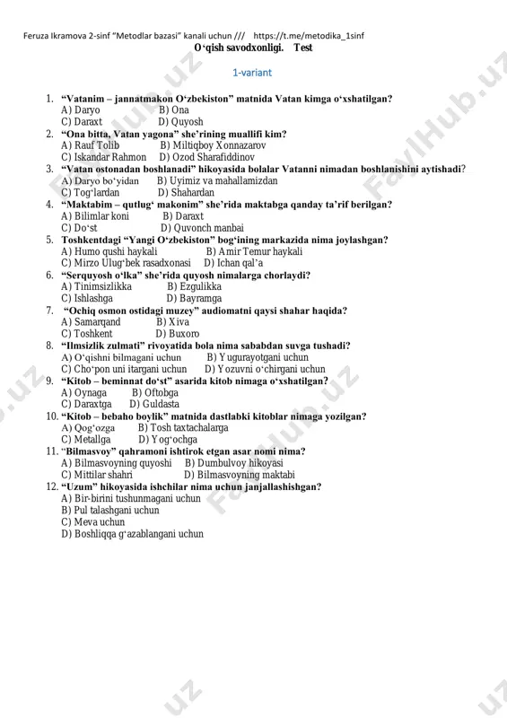 kanali uchun /// https://t.me/metodika_1sinf ona tili fani bo‘yicha test savollari 1-chorak yakuni uchun 1-variant 1. “davlat” so‘zining ma’nosiga eng yaqin so‘z qaysi? a) uy b) yurt c) shahar d) qishloq 2. tovush va harf o‘rtasidagi farq to‘g‘ri ko‘rsatilgan qatorni toping. a) harf eshitiladi, tovush yoziladi b) tovush eshitiladi, harf yoziladi c) harf ham eshitiladi, tovush ham yoziladi d) har ikkalasi bir xil 3. “mehmondo‘st o‘zbek xalqi” mavzusida unli tovushlar qanday hosil bo‘ladi? a) havoning to‘siqsiz chiqishi bilan b) til harakatlanmaydi c) faqat lab harakatlanadi d) havo tiqilib chiqadi 4. o‘zbek tilida nechta unli tovush bor? a) 5 b) 6 c) 7 d) 8 5. jarangli undosh tovush talaffuzida nimalar eshitiladi? a) faqat shovqin b) ovoz va shovqin c) faqat havo d) tovushsizlik 6. “x” tovushi qanday aytiladi? a) yumshoq b) qattiq c) cho‘zib d) jim 7. “h” tovushi qayerda hosil bo‘ladi? a) burunda b) bo‘g‘izda c) labda d) tilda 8. …