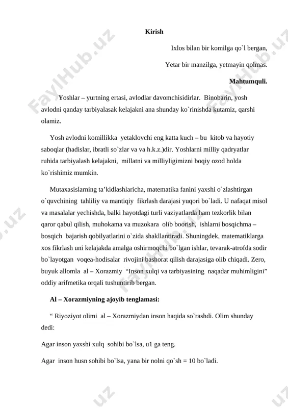 rlar bilan tanishtirish dasturga binoan 3-sinfdan boshlanadi. kasrlarning hosil bo‘lishi, ularni taqqoslash, sonning ulushini topish va berilgan ulushiga ko‘ra sonning o‘zini topish bilan tanishadilar. 3-sinfda 1 ning ulushi va bir necha ulushi va uning yozma ko‘rinishi tasavvurlariga ega bo‘ladilar. kasr tushunchasi geometriyada kesma ulushi, miqdorlarning ulushi va boshqa geometrik shakllarning ulushlari bilan bevosita bog‘langan. kasr tushunchasini hosil qilish har xil narsalarni teng bo‘laklarga bo‘lish, kesish, sindirish, maydalashdan kelib chiqadi deyiladi. boshlang‘ich sinfdan oldin, ya’ni maktabgacha yoshdayoq kasr tushunchasining boshlang‘ich tushunchalari berilgan. masalan, olma, tarvuz, bodring, non va boshqalarni bir necha bo‘laklarga bo‘lib ko‘rgan va boshlangich tushunchalarni olgan. shu maqsadda bolalarni ulushlar bilan, ularning yozilishi bilan tanishtirish, taqqoslashni o‘rgatish, sonning ulushlari va ulushi bo‘yicha sonni topishga doir masalalarni yechish kuzda tutiladi. aytib o‘tilgan barcha masalalar ko‘rgazmali qilib ochib beriladi. kasr ulushlarining nomlari bilan predmet nechta teng bo`lakka bo`linishi orasidagi bog`lanishni o`rgatish zarur. (agar predmet ikkita teng qismga bo`lingan bo`lsa, ulardan har …
