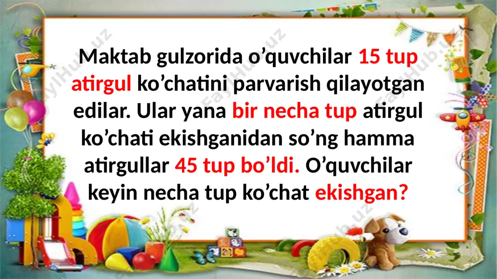 24 ta buzog’i va sigir buzoqlari nechta bo’lsa, shuncha qo’ylari bor. fermerning qo’ylari nechta? sinf kutubxonasida 95 ta kitob bor. kitoblarning 32 tasi shkafning birinchi tokchasida, 30 tasi ikkinchi tokchasida, qolgan kitoblar uchinchi tokchaga qo’yilgan. shkafning uchinchi tokchasiga nechta kitob qo’yilgan? do’konga 25 ta choynak, undan 40 ta ortiq kosa va choynak bilan kosalar nechta bo’lsa, shuncha piyola keltirildi. do’konga nechta piyola keltirilgan? birinchi qopda 30 kg, ikkinchi qopda 18 kg kartoshka bor. birinchi qopda ikkinchisiga qaraganda necha kilogramm ortiq kartoshka bor? bochkada 45 chelak suv bor edi. ertalab 14 chelak, kechqurun esa 10 chelak suv olindi. bochkada necha chelak suv qoldi? avtobusda 42 ta yo’lovchi bor edi. bekatda 12 ta yo’lovchi tushdi va 7 ta yo’lovchi chiqdi. avtobusdagi yo’lovchilar nechta bo’ldi? image1.jpeg image2.jpeg image3.jpeg image4.jpeg image5.jpeg image6.jpeg image7.jpeg image8.jpeg image9.jpeg image10.jpeg image11.jpeg image12.jpeg image13.jpeg image14.jpeg image15.jpeg image16.jpeg image17.jpeg image18.jpeg image19.jpeg image20.jpeg image21.png image22.jpeg image23.jpeg image24.jpeg image25.jpeg image26.jpeg image27.jpeg image28.jpeg …