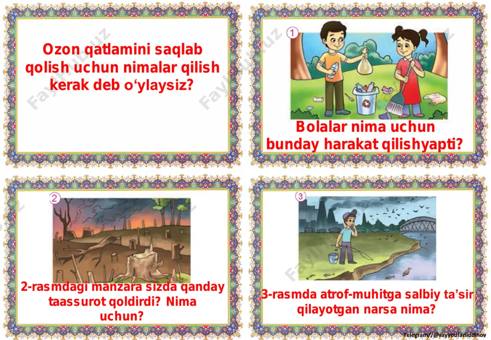 ydi? telegram//@sayyodfazliddinov pulning “qopqonlari”dan eng kattasi qaysi ekan? keyingi qopqon qaysi? u haqida nimalarni bilib oldingiz? o‘ylab ko‘ring, balki boshqa “qopqon”lar ham bordir? ular nimalar? ayting-chi, boy bo‘lish yaxshimi yoki yomonmi? javobingizni izohlang. telegram//@sayyodfazliddinov buvaning kasbi nima ekan? odamlar qadimda puldan foydalanishganmi? javobingizni izohlang. qog‘oz pulni o‘ylab topishga nima sabab bo‘lgan? odamlar o‘zlari uchun pul yasab olishlari mumkinmi? nega? telegram//@sayyodfazliddinov malika hikoya so‘ngida qanday xulosaga keldi? sizningcha, uning xulosasi to‘g‘rimi? “pul berdiz-a?”. ayting-chi, ushbu gapning yozilishi to‘g‘rimi? ayting-chi, bola o‘rtoqlarini qanday siylagan bo‘lishi mumkin? nima uchun bolaning o‘ziga pul yetmay qoldi? telegram//@sayyodfazliddinov bola nima uchun o‘zini omadli deb o‘yladi? bola to‘g‘ri ish qilgan deb o‘ylaysizmi? nima uchun? ayting-chi, sizningcha, yaxshi do‘st qanday bo‘ladi? ayting-chi, ro‘zg‘orda pul tejashning qanday yo‘llari bor? slayd 1 slayd 2 slayd 3 slayd 4 slayd 5 slayd 6 slayd 7 slayd 8 slayd 9 slayd 10 slayd 11 slayd 12 slayd 13 slayd 14 slayd 15 …