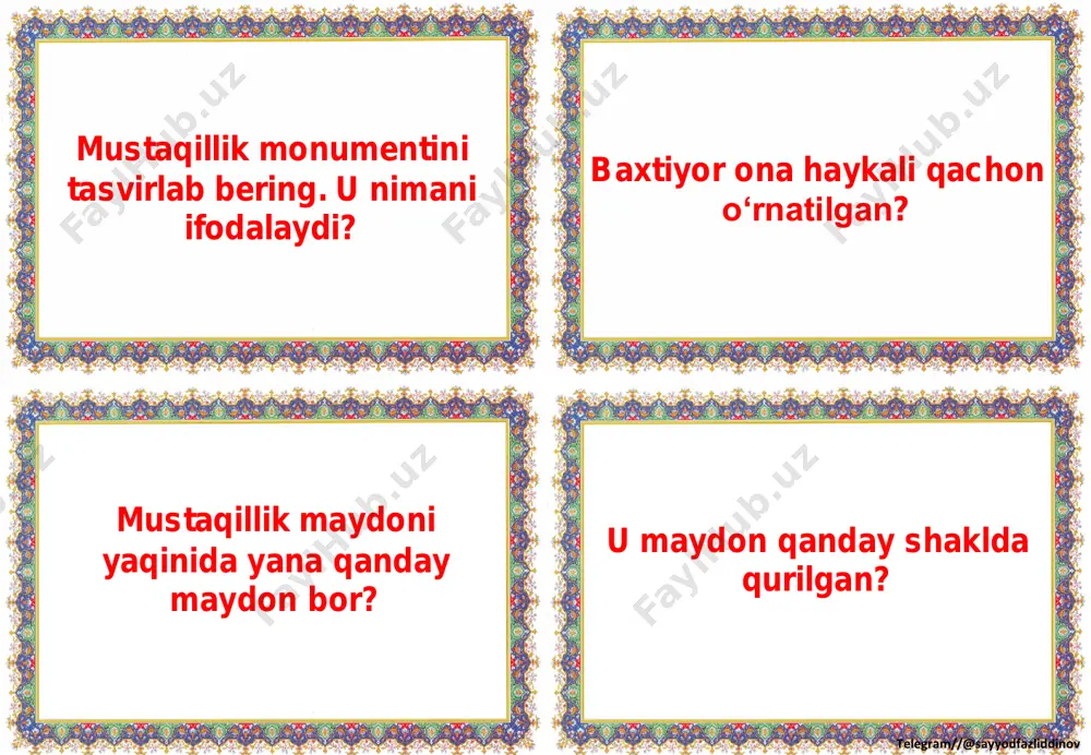 ima uchun? ayting-chi, antarktida yer sharining qaysi qismida joylashgan? telegram//@sayyodfazliddinov antarktidaning bu qadar sovuq bo‘lishiga asosiy sabab nima deb o‘ylaysiz? antarktidada yashaydigan chag‘alay, bo‘ronqush nima bilan oziqlanadi deb o‘ylaysiz? dengiz qoplonining nimasi qoplonga o‘xshaydi? dengiz filiga nega bunday nom berilgan? telegram//@sayyodfazliddinov delfin haqida nimalarni bilasiz? ko‘k kit va kashalotning qanday farqli jihatlarini ko‘ryapsiz? antarktidaga birinchi bo‘lib kim yetib borgan? qadimda antarktida qanday o‘lka bo‘lgandi? telegram//@sayyodfazliddinov antarktida muzliklari ostida qanday boyliklar bor? muz holatidagi ichimlik suvi haqida nimalarni bilib oldingiz? antarktidaning iqlimi haqida nimalarni o‘rgandingiz? antarktidada tadqiqotchilar qanday yashaydi? telegram//@sayyodfazliddinov xalqaro shartnomaga ko‘ra, antarktida qanday hudud? antarktida qanday joy ekan? pingvinlar qish faslida qayerda yashashadi? ular antarktidaga qachon qaytishadi? pingvin dadalar antarktidada nima qilishadi? telegram//@sayyodfazliddinov antarktidada bahor qachon boshlanadi? bu vaqtda pingvin oyilar nima qilishadi? pingvinlar nega totoga: “sen bizning haqiqiy sardorimizsan”, deb aytishdi? pingvin dadalar nima uchun dengizga yo‘l olishdi? antarktidada yoz qachon boshlandi? yozda qanday holatlar kuzatilar ekan? telegram//@sayyodfazliddinov …