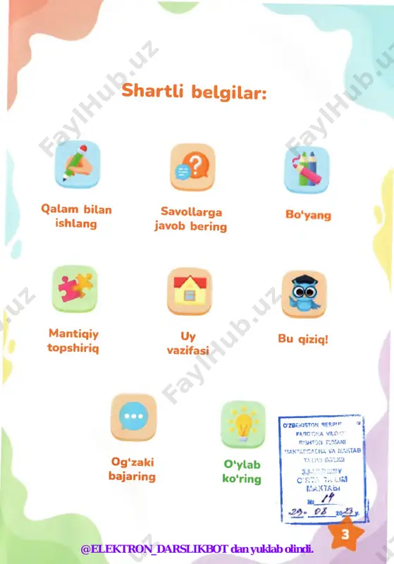 uklab olindi. 9-dars biz olamni qanday qabul qilamiz? bizning dunyoqarashimiz @elektron_darslikbot dan yuklab olindi. biz otamni qanday qabul qilamiz? 9-dars t 3. rasmlarga qarang. buyum lar nomini yozib, katakchalarni to'ldiring. » o @elektron_darslikbot dan yuklab olindi. • qaysi bolaning yo'li qisqa? j f l f • kimning yo‘li uzun? • siz buni qanday aniqladingiz? • kim uyga tezroq yetib boradi? @elektron_darslikbot dan yuklab olindi. tom onlar va yo‘nalishlar 22-dars 2. poygada qizil, jigarrang va sariq rangli toshbaqalar ishtirok etdi. qaysi toshbaqa birinchi va qaysi biri oxirida marraga yetib kelganini ayting. 3. rasmlarga qarang. kerakli harflarni qo'yib, katakchalarni to ‘ldiring. @elektron_darslikbot dan yuklab olindi. { 23-dars tomontar va yo‘nalishlar birinchi rasmda qanday xavfli vaziyat ko'rsatilgan? ikkinchi rasmda qanday xavf bor? uchinchi va to'rtinchi rasmlarda xavfli vaziyatlar tasvirlanganm i? yoki xavfsizm i? @elektron_darslikbot dan yuklab olindi. tom onlar va yo‘nalishlar 23-dars 1. 2. 3. rasmlarga qarang. kerakli harflarni qo ‘yifc>, katakchalarni to …