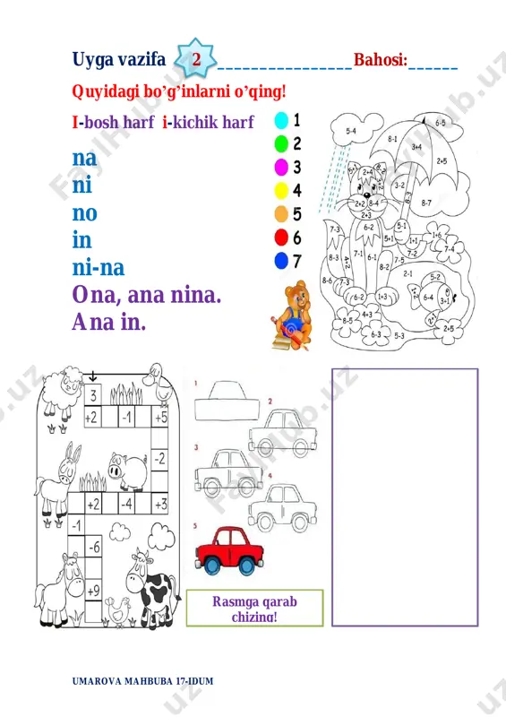 sha she shi sho shu ash ish esh ush shoh shuh-rat sher sho-i-ra bosh dil-shod sha-kar tosh-kent sha-har ku-mush sen ham chizib ko’r! shuhrat toshkentga bordi. ------------------------------------------------------------------ chiroyli qilib yoz! umarova mahbuba 17-idum uyga vazifa 19 __________________bahosi:______ p - bosh harf p - kichik harf pa pe pi po po’ ap ep op o’p pul po’-lat pil-la pa-tir poy-ga ko’p-rik par-ta pi-yo-la pos-bon ka-pa-lak  10  11  12  13  14  15  16  17  18  19  20 po’lat poygada ishtirok etdi. ------------------------------------------------------------------ chiroyli qilib yoz! umarova mahbuba 17-idum uyga vazifa 20 __________________bahosi:______ q - bosh harf q - kichik harf qa qe qi qo qu uq o’q qish qo-bil qush qo-dir qu-yosh qo-sim qal-poq qay-moq qo’l-qop qar-moq sen ham chizib ko’r! qishda sovuq bo’ladi. ------------------------------------------------------------------ husnixat bilan yoz! umarova mahbuba 17-idum uyga vazifa 21 __________________bahosi:______ ch - bosh harf ch - …