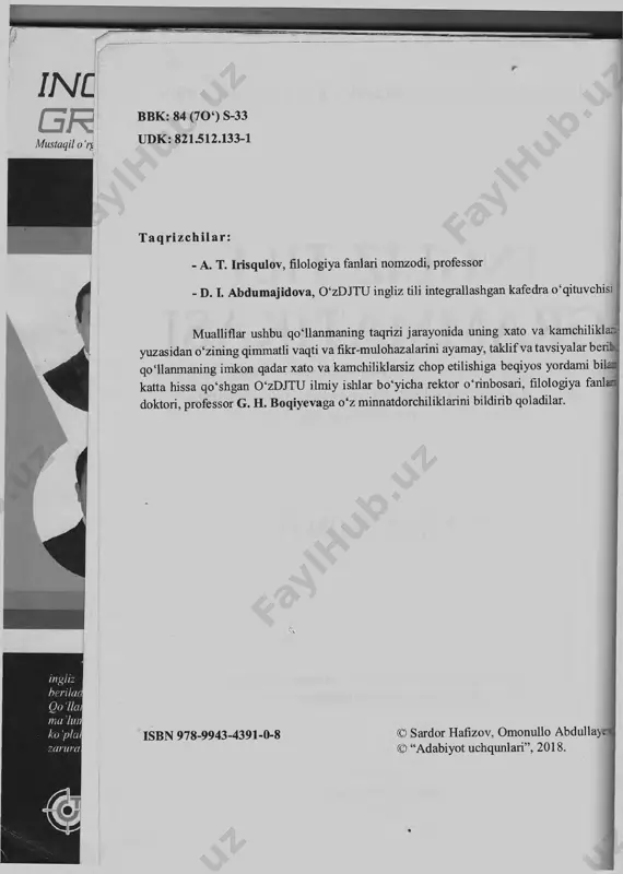 ular hozirda grammatikani o ‘rganish bo‘yicha yagona universal qoilanma yo‘qligi sabab grammatikani mukammal o ‘rganish va test topshiriqlarini maksimal darajada bajara olish uchun juda ko‘p turli-tuman ingliz tili grammatikasiga bag‘ishlangan kitoblami ko‘rib chiqish, ulardagi grammatik qoidalarni jamlash va o ‘rganish kabi mashaqqatli va ko‘p vaqt talab qiladigan jarayonni bosib oiishlari kerak. bu esa qator noqulayliklar va murakkabliklarni keltirib chiqarmoqda. ayni shu masalalarni hisobga olgan holda, mualliflar barcha asosiy grammatik darslik va qoilanmalardagi qoidalarni o ‘zida jamlovchi yagona universal qoilanm a yaratishga qaror qilishdi. shu maqsadda hozirgi zamon atoqli chet el olimlari, xususan, buyuk britaniya, amerika qo‘shma shtatlari, rossiya mutaxassislai'i tajribasi atroflicha o ‘rganib chiqildi. universal xarakterdagi mazkur qoilanm a hozirda ingliz tili grammatikasini o ‘rganuvchilar va abituriyentlar orasida mashhur boigan “round up” (virginia evans, jenny dooley, pearson education limited, 2010-2011), “grammar way” (jenny dooley, virginia evans, express publishing, 1999-2004), “grammar for ielts” (diana hopkins, pauline cullen, cambridge university press, 2007), …