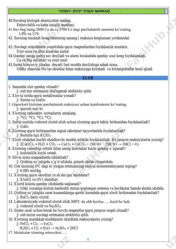 ning qaysi birikmasidan signal raketalari tayyorlashda foydalaniladi? j: bertolle tuzi kclo3 7. xlorli ohakdan kuchli oksidlovchi modda sifatida foydalaniladi. bu jarayon reaksiyalarini yozing? j: 2caocl2 + h2o + co2 → cacl2 + caco3 + 2hclo 2hclo → 2hcl + o2 8. xlorning valentligi ortishi bilan uning kislotalari kuchi qanday o`zgaradi? j: kislotalilik kuchi ortadi. 9. silvin nima maqsadlarda ishlatiladi? j: qishloq xo`jaligida o`g`it sifatida, potash ishlab chiqarishda. 10. osh tuzining 00c dagi to`yingan eritmasining molyal konsentratsiyasini toping? j: 6,085 mol/kg. 11. xlorning qaysi oksidlari (n.sh.da) gaz moddalar? j: xlor(i) va (iv) oksidlari. 12. xlorid kislota qanday idishlarda saqlanadi? j: ichki yuzasiga kislota bardoshli rezina qoplangan sistema va bochkalar hamda shisha idishda. 13. qishloq xo`jaligida zarar kunandalarga qarshi kurashda qaysi xlorli birikmadan foydalaniladi? j: bacl2 bariy xlorid. 14. laboratoriyada vodorod xlorid olish 5000c da olib borilsa …. hosil bo`ladi. j: vodorod xlorid va na2so4. 15. sintez usuli uchun kerak bo`luvchi reagentlar …