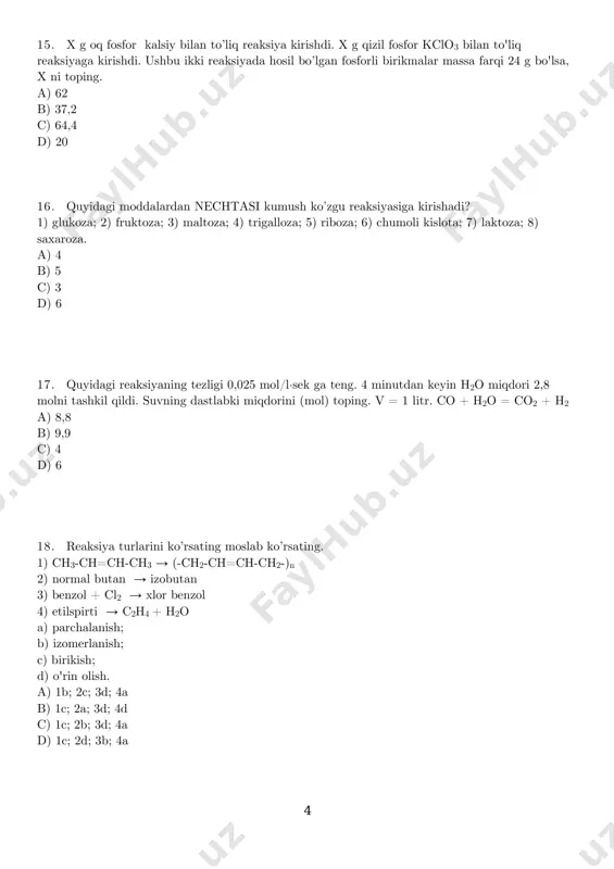b) brometan c) etandiol d) 31. quyidagi apparat nomini aniqlang. a) ajratish varonkasi b) kiryuvshkin aparati c) ozonator d) kipp aparati 32. gravimetrik usulda tekshirilayotgan moddani erimaydigan cho'kmaga aylantiriladi, filtrlanadi, yuviladi va quritiladi (yoki kuydiriladi). ba2+ ushbu usul yordamida qaysi tuzlar bilan cho’ktirilganda hosil cho’kma tarkibida metall massa ulushi eng kam bo’ladi? a) na2co3 b) k2cro4 c) cuso4 d) na2so3 33-35-test topshiriqlariga mos keluvchi javoblarni (a -f) javob variantlaridan tanlang. 200 g 18,3%li natriyli x tuz eritmasiga co2 va so3 dan iborat 10,2 g gazlar aralashmasi yuttirilganda 11,7 g gelsimon cho’kma tushdi. filtratga bariy atsetat qo’shilganda 78,8 g cho’kma hosil bo’ldi. 33. hosil bo’lgan eritmadagi x tuzning massasini (g) toping 34. hosil bo’lgan eritmadagi na2so4 miqdorini (mol) aniqlang? 35. hosil bo’lgan eritmadagi na2co3 miqdorini (mol) aniqlang? a) 0,15 b) 0,25 c) 0,05 d) 0,1 e) 0,2 f) 0,35 8 36. quyidagi reaksiyaning oksidlanish jarayonini yarim reaksiya usulida tenglang (tenglmani yozing). …