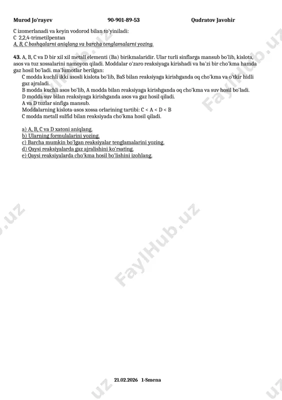 maga ekvivalent miqdorda sulfat kislota ishtirokida ki eritmasi bilan tasirlashganda 0.12 mol qoramtir kulrang oddiy modda idish tubiga cho'kdi. eritma filtrlangandan so'ng filtratda me(ch3coo)2 tashlandi va eritma cho'kma tushishi to'xtaguncha sovutildi. hosil bolgan eritma filtirlandi. olingan cho'kmalar (mecl2 va meso4) massasi 44.7 gr tashkil qiladi. cho'kma ajratilgach, tarkibida faqat ishqoriy metall atsetatlari tutgan eritma hosil bo'ldi. hosil bo'lgan eritma diafragma orqali eritmadan ajratilgan inert elektrodlar orqali tuz tugaguncha 6.7 a tok bilan elektroliz qilindi.(katodda va anodda ajralgan gazlar eritma orqali o'tmagan) ( diafragma orqali elektroliz - bu elektroliz jarayonida anod va katod bo'limlari or maxsus to'siq (diafragma) qo'yilgan holdagi elektroliz usuli. 1. na, cl va o dan iborat birinchi noma'lum tuzning formulasini aniqlang . 2. me(ch3coo)2 tarkibidagi noma'lum metallni aniqlang . 3. elektroliz uchun sarflangan vaqtni (soat) topping . 4. dastlabki jarayonda hosil bo'lgan qoramtir kulrang cho'kma konsentrlangan nitrat kislotada to‘liq eritilganda hxo3 tarkibli kislota massasini (gramm) va ajraladigan no2 …