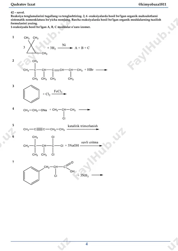 tanlang 300 g 63% li qaynoq nitrat kislota eritmasida 𝑆𝐹4 eritildi, hf va azot (iv) oksiddan iborat gaz aralashmasi hosil bo’ldi. hosil bo’lgan eritmada sulfat va nitrat kislotaning molar konsentratsiyalari tenglashdi. sf4 + 2hno3 + 2h2o → h2so4 + 4hf + 2no2 33. necha mol hf hosil bo’lgan ? 34. necha mol 𝑁𝑂2 hosil bo’lgan ? 35. necha mol 𝐻𝑁𝑂3 ortib qolgan ? a) 1 b) 3 c) 4 d) 1,5 e) 2,5 f) 2 36. etil benzol va kumol kaliy permanganatning kislotali eritmasida eritildi. bunda hosil bo’lgan mnso4 teng miqdorda chiqishi uchun etil benzol va kumol qanday mol nisbatda alashtirilishi kerak? javob: _______________________ 1,5:1 37. cu(no3)2 ∙ xh2o kristallogidrati 3:1 massa nisbatdan ikkiga ajratildi. birinchi qism qizdirilganda 60 gramm qora rangli qoldiq hosil bo’ldi. ikkinchi qismga 209,5 g suv qo'shilib, tuz tugaguncha elektroliz qilindi va natijada 12,6% li eritma hosil bo'ldi. shunga asosan x ni aniqlang. javob: _______________________ x …