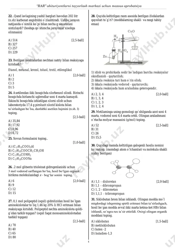 htasi natriy bilan reaksiyaga kirishadi? etanol, metanal, krezol, toluol, trotil, etilenglikol a) 1 [2,0-ball] b) 2 c) 3 d) 5 24. asetilendan ikki bosqichda xlorbenzol olindi. birinchi bosqichda birlamchi uglerodlar soni 4 marta kamaydi. ikkinchi bosqichda ishlatilgan xlorni olish uchun laboratoriyda 17,4 g piroluzit xlorid kislota bilan ta’sirlashgan bo`lsa, dastlabki asetilen hajmini (n.sh. l) toping. [2,5-ball] a) 35,84 b) 17,92 c) 8,96 d) 6,72 25. sovun formulasini toping.. [1,0-ball] a) (c17h35coo)3al b) c17h35cooch2 ch2oh c) c17h35conh2 d) c17h35coona 26. .2 mol glitserin trioleinat gidrogenlanishi uchun 3 mol vodorod sarflangan bo‘lsa, hosil bo‘lgan organik birikma molekulasidagi π - bog‘lar sonini toping. a) 6 [2,0-ball] b) 9 c) 12 d) 15 27. 0,1 mol polipeptid (oqsil) gidrolizidan hosil bo`lgan aminokislotalar to`liq 1,46 kg 20% li hcl eritmasi bilan reaksiyaga kirishdi. polipeptid nechta aminokislota qoldi- g`idan tarkib topgan? (oqsil faqat monoaminokislotadan tashkil topgan) [2,5-ball] a) 70 b) 40 c) 65 d) 80 28. …