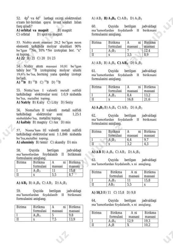 ) 5,4 d) 4,5 39. natriy, kalsiy va temir (iii) oksidlaridan iborat 12,6g aralashmaning sulfat kislota bilan ta„sirlashuvidan 20,6g ushbu metallarning sulfatlari aralashmasi hosil bo‟ldi. ushbu jarayonda necha gramm suv hosil bo‟lgan? a) 3,6 b) 2,7 c) 1,8 d) 4,5 40. ch4, h2 va o2 dan iborat aralashma yondirildi. suv bug'i kondensatlangandan keyin idishdagi bosim 2,8 martta kamaydi. qolgan gazlar ishqor eritmasidan o‟tkazilganda idishdagi bosim, boshlang'ich bosimga nisbatan 7 marta kamaydi boshlang‟ich aralashma tarkibidagi kislorodning hajmiy ulushini (%) aniqlang (ch4 va h2 to‟liq yongan). a) 42,86 b) 14,3 c) 21,43 d) 64,29 41. ch4, h2 va o2 dan iborat aralashma yondirildi. suv bug'i kondensatlangandan keyin idishdagi bosim 2,8 martta kamaydi. qolgan gazlar ishqor erjiniasidan o‟tkazilganda idishdagi bosim, boshlang'ich bosimga nisbatan 7 marta kamaydi boshlang‟ich aralashma tarkibidagi metanning hajmiy ulushini (%) aniqlang. (ch4 va h2 to„liq yongan) a) 42,86 b) 14,3 c) 21,43 d) 64,29 42. ch4, h2 va o2 dan …