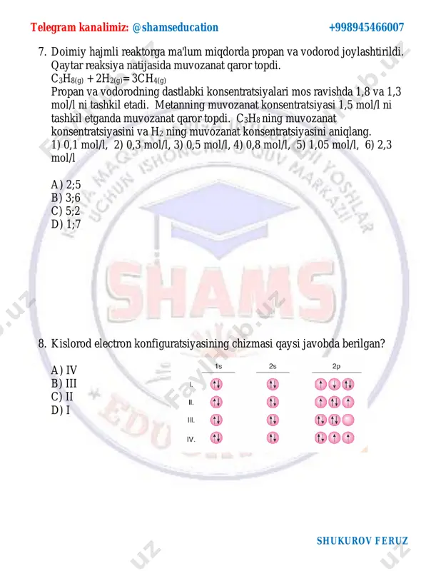 sh.) aralashma yondirilganda (reaksiya unumi 70%) 39,2 l (n.sh.) karbonat angidrid hosil bo`lsa, aralashmadagi is gazining hajmiy ulushini (%) aniqlang. a) 60 b) 75 c) 25 d) 40 24. metilamin, etilamin va etandan iborat 22,4 l (n.sh.) gazlar aralashmasi yondirilganda 1,9 mol karbonat angidrid va 4,48 l (n.sh.) azot hosil bo`ldi. dastlabki aralashmadagi etanning massasini (g) hisoblang. a) 34,6 b) 18 c) 3,1 d) 13,5 telegram kanalimiz: @shamseducation +998945466007 shukurov feruz 25. e va f birikmalarning umumiy formulasi s4n8o2. e moddaning ishqori gidrolizida ikkita organik modda g va h hosil bo`ldi. g modda ishqor bilan qizdirilganda metan hosil bo`ldi. h modda natriy metali bilan ta’sirlashganda vodorod ajraldi. f modda “kumush kuzgu” reaksiyasiga kirishib olingan i modda, kislotalar bilan ham, spirtlar bilan ham murakkab efir hosil qilishi mumkin. e va f lar qanday moddalar bo`lishi mumkin? 1) ch3ch2cooch3; 2) ch3cooch2ch3; 3) sh3cooch(ch3)ch3; 4) ch3ch(oh)ch2cho; 5) ch3c(o)ch2ch2oh; 6) ch3c(ch3)(oh)ch2cho a) e=2; 3 …