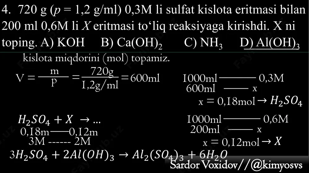 ortofosfat kislotaning suvli eritmasiga 180 ml 5m li ammiak eritmasi qo‘shildi. natijada konsentratsiyasi 2 mol/l bo‘lgan eritma olindi. hosil bo‘lgan eritma hajmini (ml) aniqlang. a) 250 b) 275 c) 225 d) 200 44,1g______ 98g = 0,45mol 𝑁𝐻3 1000ml ____ 5mol 180ml ___ x x = 0,9mol 1 : 2 2𝑁𝐻3 + 𝐻3𝑃𝑂4 → (𝑁𝐻4)2𝐻𝑃𝑂4 2m ____1m ______1m 0,45m _____ x = 1000ml ______2m 0,45m_____ x x = 225ml 𝐻3𝑃𝑂4 = 0,5mol sardor voxidov//@kimyosvssardor voxidov//@kimyosvs 49 g ortofosfat kislotaning suvli eritmasiga 250 ml 6m li ammiak eritmasi qo‘shildi. natijada konsentratsiyasi 2,5 mol/l bo‘lgan eritma olindi. hosil bo‘lgan eritma hajmini (ml) aniqlang. a) 250 b) 275 c) 225 d) 200 49g______ 98g = 0,5mol 𝑁𝐻3 1000ml ____ 6mol 250ml ___ x x = 1,5mol 1 : 3 3𝑁𝐻3 + 𝐻3𝑃𝑂4 → (𝑁𝐻4)3𝑃𝑂4 2m ____1m ______1m 0,5m _____ x = 1000ml ______2,5m 0,5m_____ x x = 200ml ______ sardor voxidov//@kimyosvssardor voxidov//@kimyosvs 25. 32,1 …