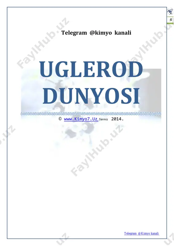 ........................................ 17 yonmaydi lekin, zaharli .................................................................................................................................. 44 terini muzlatish va kanalarni chiqarish. ......................................................................................................... 46 muzlatgich va kasalxona hidi ......................................................................................................................... 49 ichimliklar va zaharlar .................................................................................................................................... 52 kislorodning foydasi va zarari ........................................................................................................................ 52 «o» harfining paydo bo‘lishi nimaga olib keladi? .......................................................................................... 53 etil spirti ......................................................................................................................................................... 55 ajal qadahi ...................................................................................................................................................... 57 spirtlarning xossalari g‘oyib bo‘ladi ............................................................................................................... 58 yana gidroksil guruhi ..................................................................................................................................... 60 vitaminlar va ko‘z. ......................................................................................................................................... 60 http://www.orbita.uz/ http://www.orbita.uz/ telegram @kimyo kanali kutubxonasi shirin moddalar .....................................................................................................................................