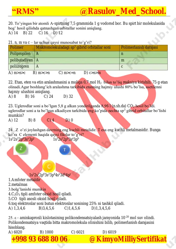 ) 2,3,1 b) 3,2,1 c) 1,3,2 d) 2,1,3 28. qaysi moddalar normal sharoitda bromlanganda suvni rangsizlantiradi? 1. vinilasetilen 2. siklobutan 3. izopren 4. benzol a) 1, 2 b) 2, 3 c) 1, 4 d) 1, 3 29. 10 g h2 gazi v litr bo‘lganda 40 g metan necha litr bo‘ladi? a) 4v b) v/2 c) 2v d) v/8 30. 0,5 benzol gamologini to’liq yonishidan hosil bo’lgan karbonat angidridning massasi uglevodorod massasidan 138 grammga ko’p. ushbu uglevodorod molekulasida bog’ hosil bo’lishida ishtirok etadigan gibrid bo’lmagan orbatillar sonini toping. a) 12 b) 18 c) 20 d) 24 31. to’yingan monoamin molekulasida x ta neytron va x+11 ta proton bor. bu amin molekulasidagi sp3 gibrid orbitallar sonini aniqlang. a) 15 b) 19 c) 11 d) 23 32. x, y va z moddalarnni aniqlang. tuz parchalanish mahsuloti x tuz y metal oksidi z metal a) kno3 zn(no3)2 hg(no3)2 b) zn(no3)2 kno3 hg(no3)2 c) agno3 …