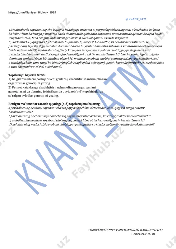 i o’rtachadan ko’proq bo’lishi p kam bo’lishiga p nisbatan chala dominantlik qilib bitta autosoma xromosomada qisman brikgan holda irsiylanadi 16%, tana rangini ifodalovchi genlar ko’p allellilik qonuni asosida irsiylanib c1-ko’kimtir> c2-qizg’ish> c3-binafsha> c4-yashil> c5-sarg’ish> c-shaffof, va reaktiv harakatlanishi b, passiv(polip) b yashashga nisbatan dominant bo’lib bu genlar ham bitta autosoma xromosomada chala brikgan holda irsiylanadi 8% meduzalarning jinsiy ko’payish jarayonida soyaboni cho’ziq,paypaslagichlari soni o’rtacha,binafsharang( shaffof rangli ajdod kuzatilgan), reaktiv harakatlanuvchi( barcha genlari geterozigota dominant genlarni faqat bir tarafdan olgan) m1 meduza: soyaboni cho’ziq(gomozigota),paypaslagichlari soni o’rtachadan kam, tana rangi ko’kimtir(qizg’ish rangli ajdod uchragan), passiv hayot kechiruvchi m2 meduza bilan o’zaro chatishdi va 15000 avlod olindi. topshiriqni bajarish tartibi. 1) belgilar va ularni boshqaruvchi genlarni, chatishtirish uchun olingan organizmlar genotipini yozing. 2) pennet kataklarıga chatishtirish uchun olingan organizmlani gametalarini va ularning foizini hamda quyidaei (a-d) topshiriqlarda so’ralgan avlodlar genotipini yozing. berilgan ma'lumotlar asosida quyidagi (a-d) topshiriqlami bajaring: a) avlodlarning nechtasi soyaboni cho’ziq,paypaslagichlari …