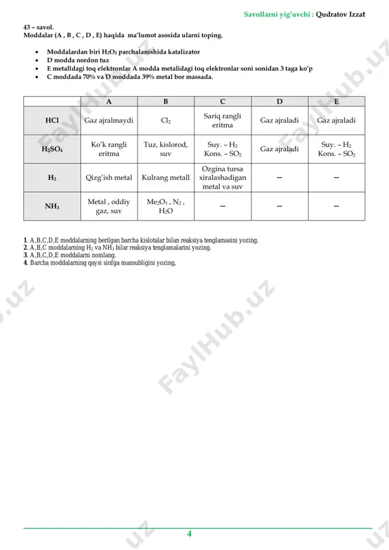 reaksiyadan keyin eritmada faqat 𝐹𝑒3+ 𝑣𝑎 𝑃𝑏2+ ionlari qoldi. (suvning dissotsiyalanishi hisobga olinmasin) 1. dastlabki bacl2 • 2h2o tarkibli kristallgidrat massasini (g) aniqlang. 2. jarayonlar natijasida hosil bo’lgan cho’kmalarning miqdorlar (mol) yig’indisini aniqlang. 3. hno3 bilan reaksiyaga kirishgan kirishgan feo va pbo2 aralashmasining massasini (g) aniqlang 4. hosil bolgan 𝐹𝑒3+ 𝑣𝑎 𝑃𝑏2+ ionlarini to’liq cho’ktirish uchun kerak bo’ladigan natriy fofat miqdorini (mol) toping 42 – savol. barcha reaksiyalarni tugallang va tenglashtiring. 1,6 – reaksiyalarda hosil bo’lgan moddalarning tuzilish formulasini yozing. 2, 4 – reaksiyalarda hosil bo’lgan organik moddalarni sistemtik nomenklatura bo’yicha nomlang. 1 2 3 hc≡ch + kmno4 → 4 5 6 7 ─[c6h11o5]n─ + 2n hno3 → savollarni yig’uvchi : qudratov izzat 6 43 – savol. jarayonda berilgan barcha reaksiya tenglamalarini yozing va miqdoriy hisoblashlarni ketma-ketlikda to’liq ko’rsating. suv tarkibida kalsiy va magniy ionlari bo‘lsa texnik maqsadlar uchun yaroqsiz hisoblanadi. bu kationlarning gidrokarbonatlari vaqtinchalik qattiqlik keltirib chiqaradi. 458,4 g …