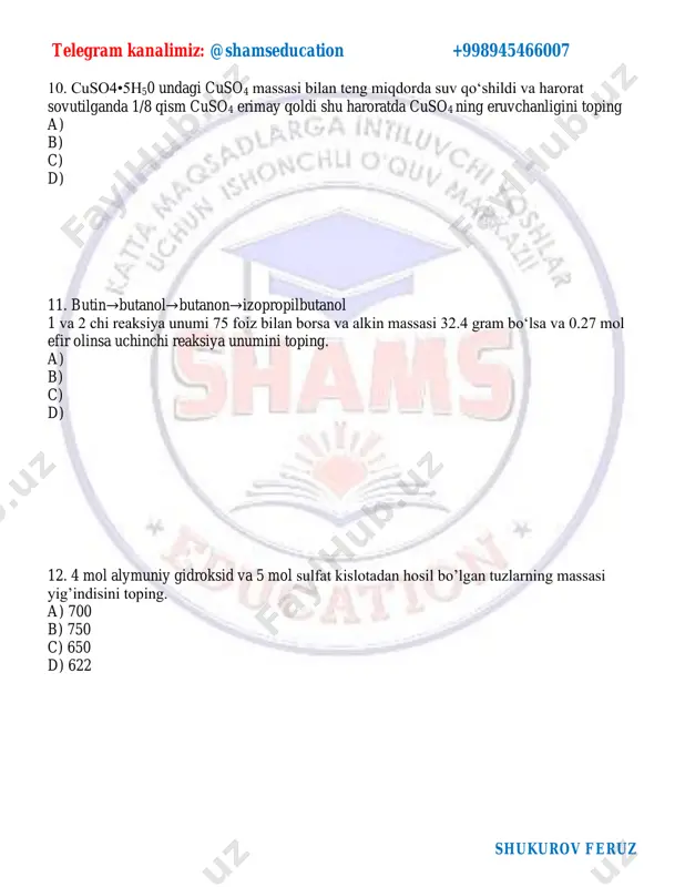 g 63%li qo’shildi. sulfat va nitrat kislotani molyar konsentratsiyalari teng bo’ldi. 33. hosil boʻlgan hf moli? 34. hosil boʻlgan no2 moli ? 35. ortib qolgan hno3 moli ? a)4 b) 1 c)1.5 d)0.5 e)2 f)3 36-savol. etil benzol va kumol kaliy permanganatning kislotali eritmasida eritildi. bunda mnso4 teng miqdorda chiqishi uchun metil benzol va kumol qanday mol nisbatda aralashtirilishi kerak? 37. ikki xil spirtdan iborat 0.015 mol aralashma ( spirtlarda kislorodning massa ulushi teng) cu bn oksidlandi. olingan aralashmaga kumush oksidning ammiakdagi eritmasi qo'shilganda 3,24 gr cho'kma va 1.575 gr ammoniyli tuzlar olindi. dastlabki spirtlarning umumiy massasini toping. telegram kanalimiz: @shamseducation +998945466007 shukurov feruz 38. cuso4*x h2o kristallogidrati 3:1 massa nisbatdan ikkiga ajratildi. birinchi qism qizdirilganda 60 gramm qora cho'kma tushdi. ikkinchi qismga 206,9 gr suv qo'shilib, tuz tugaguncha elektroliz qilindi va natijada 12,6% li eritma hosil bo'ldi. x ni aniqlang 39. 60 g zn plastinkasi 120 g mgso4 va …