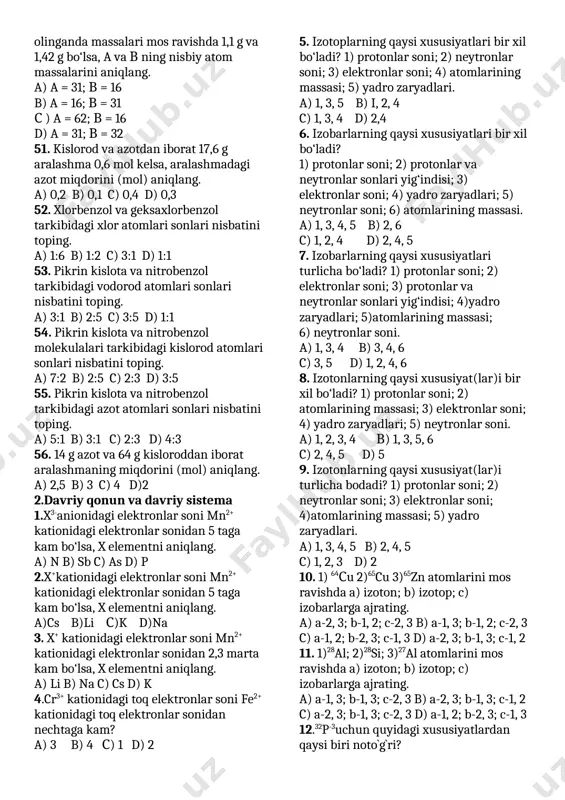 ) 1, 4 d) 1, 3 35. 11,2 g noma’lum gazning 273 k va 202,65 kpa dagi hajmi 4,48 litrni egallasa. noma’lum gazlarni aniqlang (r = 8,31). 1) is gazi; 2) silan; 3) ammiak; 4) etilen. a) 2, 3 b) 2,4 c) 1, 3 d) 2, 4 36. teng mol nisbatda olingan a2 va b2 gazlar todiq reaksiyaga kirishishi natijasida 0,6 mol a2b6 hosil boddi. ortib qolgan gaz takror reaksiyaga kirishishi uchun qaysi gazdan necha mol kerak? a) 1,8 mol a2 b) 3,6 mol b2 c) 1,8 mol b2 d) 3,6 mol a2 37. 16 litr idishdagi gazning hajmi 8 litrgacha kamaytirilganda bosim 6 kpa ga ortdi. dastlabki bosimni (kpa) aniqlang. (t = const) a) 4 b) 8 c) 6 d) 10 38. 16 litr idishdagi gazning hajmi 12 litrgacha kamaytirilganda bosim 2 kpa ga ortdi. dastlabki bosimni (kpa) aniqlang. (t=const) a)4 b) 8 c) 6 d) l0 39. 16 …