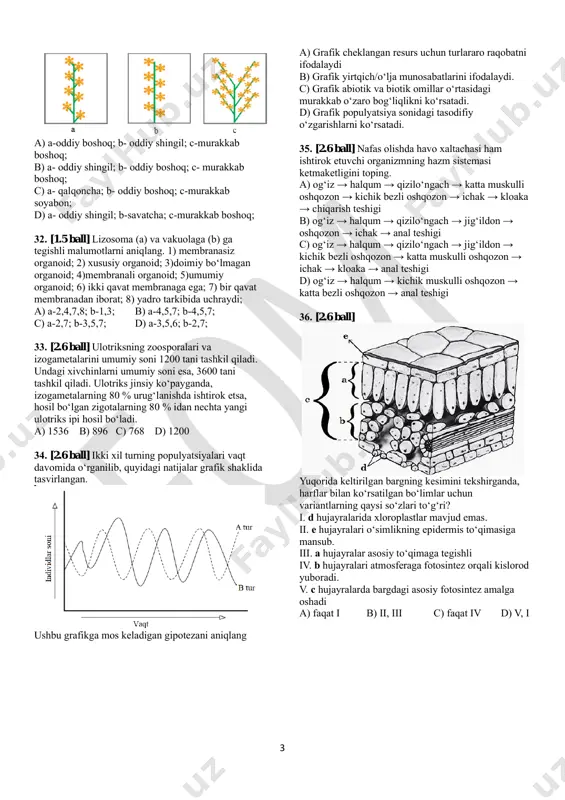 qaysi qismlari ishtirok etadi? 1) bo‘lmacha; 2) jabra arteriyalari; 3) qorin aortasi; 4) orqa aorta; 5) jabradan boshlanadigan tomirlar; 6)yuruk qorinchasi. a) 4,5; b)2,3; c)1,5,6; d)2,4; 28. [0.9 ball] toshbaqaning kosasi qaysi suyaklar bilan tutashgan? a) qovurg‘alar; b) umurtqalar; c) o‘mrov; d) yelka; e) bosh a) a, b, s v) a, d, e s) b, s, e d) a, b, s d, e 29. [1.5 ball] atamalarga (a-d) mos bo‘lgan mulohazalar (1-5) to‘g‘ri ko‘rsatilgan javobni aniqlang, a-fototropizm b-fotonastiya c-fototaksis d-fototrof 1-o‘simlik organlarining kun va tun almashinishi bilan bog‘liq harakati. 2-o‘simlik organining yorug‘lik tomonga qarab o‘sishi. 3-energiya manbai sifatida yorug‘lik energiyasidan foydalanuvchi organizmlar. 4- bir hujayrali organizmlarning xivchinlari yordamida yorug‘lik tomon harakat qilishi. 5- o‘simliklarning kun uzunligi o‘zgarishiga nisbatan o‘simliklarning javob reaktsiyasi. a) a-1; b-2; c-4; d-3 b) a-5; b-2; c-3; d-4 c) a-2; b-1; c-5; d-4 d) a-2; b-1; c-4; d-3 30. [1.5 ball] o‘simlikning erkaklik va urg‘ochilik jinsiy organlarining …