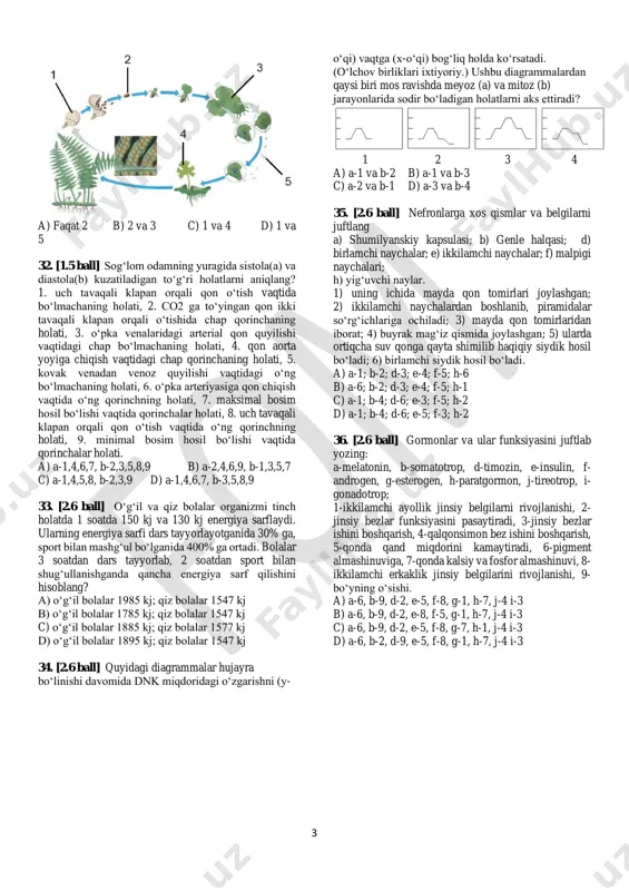 tropizm 26. [0.9 ball] endositoz turlari va ularga xos muvofiqlikni aniqlang. a) pinositoz; b) fagositoz 1) har xil moddalarning eritma holida mayda tomchi shaklida hujayraga kirishi; 2) o‘simliklar, bakteriyalar va ko‘k-yashil suvo‘tlari hujayralari amalga oshmaydi; 3) hayvonot olamida keng tarqalgan; 4) oqsillar, polisaxaridlar va qattiq zarrachalar hujayra ichiga o‘tishi; 5) leykotsitlar faoliyatida kuzatiladi; 6) suyuqlikning mayda tomchi ko‘rinishida yutilishi ichish hodisasiga o‘xshaydi a) a - 1, 2; b - 4, 6 b) a - 3, 4; b - 2, 6 c) a - 3, 5; b - 2, 4 d) a - 1, 6; b - 3, 4 27. [0.9 ball] katta yoshli sog‘lom odam og‘iz bo‘shlig‘idagi tishlar:kurak tishlar - a, katta oziq tishlar - b, kichik oziqtishlar - c, qoziq tishlar – d soni uchun to‘g‘ri javobni aniqlang. a) 𝑎−𝑑 𝑏+𝑐 = 1 4 b) 𝑎+𝑐 𝑏−𝑑 = 2 c) 𝑏−𝑑 𝑎+𝑐 = 1 4 d) 𝑏+𝑐 𝑎−𝑑 = …