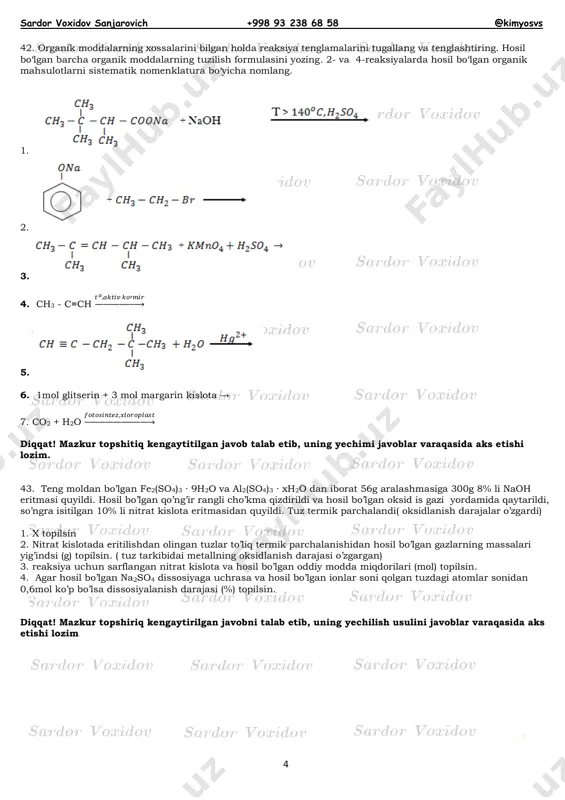 g? a) 441 b) 495 c) 432 d) 387 30. 11,4 g a metall sulfati bilan 33,6 g b metall perxlorati to’la reaksiyaga kirishganda 23,3 g b metall birikmasi hosil bo’ldi. a va b metallarni aniqlang. a) fe va ca b) al va ba c) al va ca d) fe va ba 31. 0,6 mol sulfit angidrid ishqor eritmasiga yuttirilganda 1:2 mol nisbatda 133,2 g nordon va oʻrta tuzlar aralashmasi hosil bo’ldi. ishqor formulasini aniqlang. a) lioh b) naoh c) koh d) rboh 32. teng massada olingan sulfit angidrid va kislorod reaksiyasidan 20 g sulfat angidrid hosil bo’ldi. ortib qolgan gaz takror reaksiyaga kirishishi uchun qaysi gazdan qanday massada (g) talab etiladi? a) m(o2) = 3 g b) m(o2) = 12 g c) m(so2) = 48 g d) m(so2) = 24 g sardor voxidov sanjarovich +998 93 238 68 58 @kimyosvs 3 bertole tuzi va kaliy permanganatdan iborat aralashma teng …