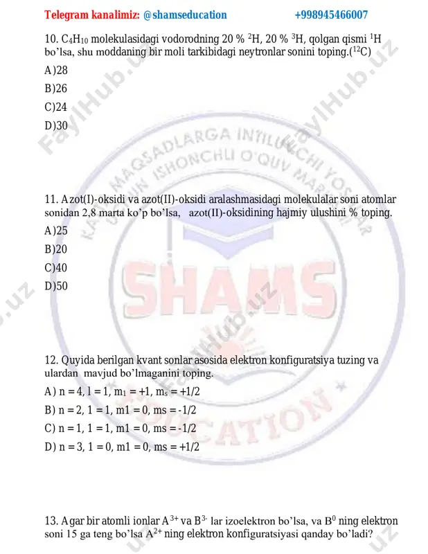 nat angidrid gazi esa ohakli suvga ta’sir ettirildi. reaksiyalarda hosil bo’lgan gazning hajmi va oq rangli cho’kmaning massasini aniqlang a)11,2 l; 25 g b)5,6l; 25 g c)5,6l; 50 g d)11,2 l; 50 g 28. karbinol va etil spirtlaridan iborat spirtlar aralashmasi oksidlandi. hosil bo’lgan al’degidlar aralashmasiga mo’l miqdorda kumush oksidining ammiakdagi eritmasi ta’sir ettirildi. reaksiyalardan hosil bo’lgan metall konsentrlangan hno3 eritmasiga ta’sir ettirilgandan 13,8 gramm zaharli qo’ng’ir rangli gaz hosil bo’ldi. dastlabki spirtlar aralashmasidagi spirtlar teng mol nisbatda bo’lsa, karbinolning massasini aniqlang. a)2,4 b)3,2 c)1,6 d)4,8 telegram kanalimiz: @shamseducation +998945466007 29. nomalum organik modda berilgan bo’lib uni qaysi elementlardan tashkil topganini aniqlash uchun tajribalar o’tkazildi. ushbu organik modda yondirilganda oddiy hamda inert bo’lgan ikki atomli gaz hosil bo’ldi. yondirilganda hosil bo’lgan mahsulotlardagi kislorod miqdori reaksiyaga kirishgan kislorodning miqdoridan ko’p ekanligi aniqlandi. pb+2 ioni bor bo’lgan ertimaga solinganda qora rangli cho’kma hosil bo’ldi. ushbu noma’lum organik modda qaysi elementlardan tuzulgan bo’lishi …