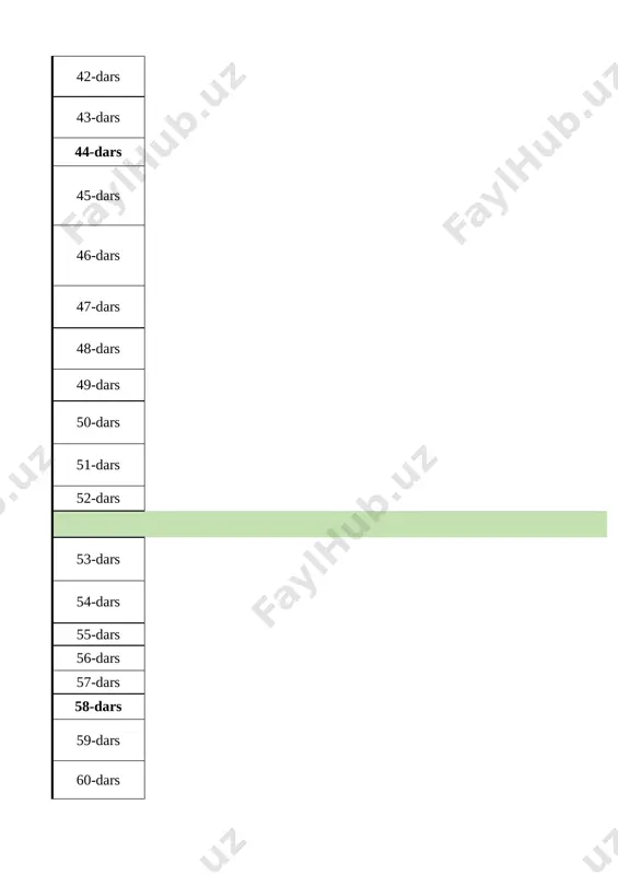 pni qabul qilish. 1 38-dars voleybol. yuz, o‘ng, chap tomon, oldinga o‘zgaruvchan qadamlarda to‘r oldida harakat qilish. harakat usullarining kombinatsiyasi. to‘pni yuqoridan uzatishni takomillashtirish; juftlikda to‘pni yuqoridan uzatish va qabul qilishni takrorlash; orqa chiziqda to‘pni qabul qilishni takomillashtirish 1 39-dars voleybol. to‘pni yuqoridan va pastdan qabul qilish va uzatish; juftlikda to'pni yuqoridan va pastdan qabul qilish va uzatish. 1 40-dars voleybol. pastdan kelayotgan to‘pni ikki qo‘llab bilaklarda qaytarish va uzatish texnikasi; zonadan zonaga o‘tgandan keyin to‘pni uzatish. orqa chiziqda to‘pni qabul qilishni o‘rganish va juftlikda bajarish 1 41-dars voleybol. to‘pni ikki qo‘l barmoqlarida yuqoridan devorga oshirish. to‘pni ikki qo‘l barmoqlarida yuqoridan tepaga oshirish. to‘pni yuqoridan to‘r orqali ikki qo‘l bilan uzatish. 1 42-dars voleybol. to‘pni yuqoridan to‘r orqali ikki qo‘l bilan uzatish. birinchi qator o‘yinchilarning o‘zaro harakatlari. 1 43-dars voleybol. to‘pni to‘r orqali ikki qo‘l bilan yuqoridan uzatish va qabul qilish. ikkinchi qator (himoya chizig‘i) o‘yinchilarining o‘zaro harakatlari 1 44-dars …