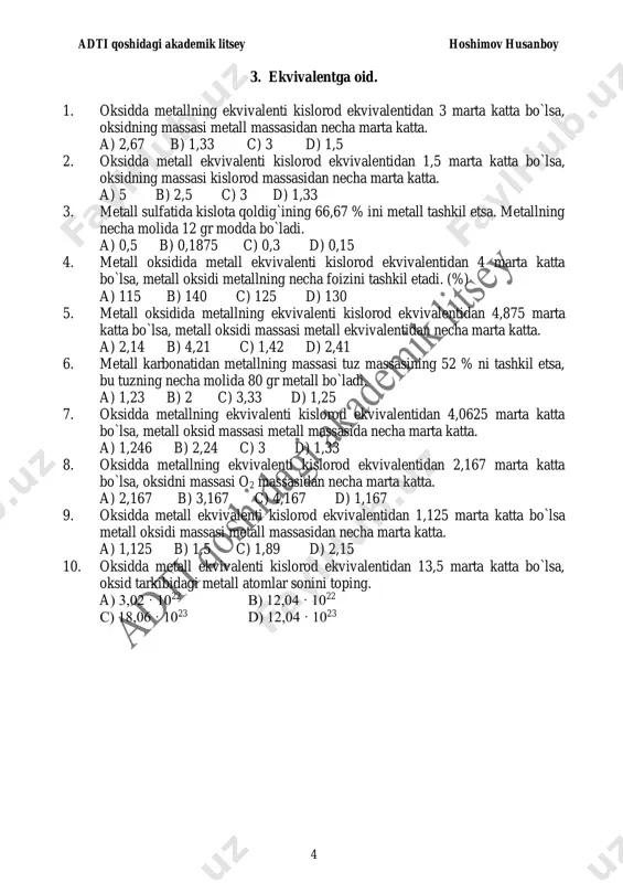 i 116,61 gr xlorat kislotadagi molekulalar soniga teng bo`lsa, karnalit massasini (g) toping. a) 16,65 b) 15,66 c) 16,59 d) 382,95 2. gipsdagi atomlar soni 0,336 litr vodoroddagi molekulalar soniga teng bo`lsa, gipsning massasini (g) toping. a) 0,43 b) 0,215 c) 0,17 d) 0,258 3. albasterdagi atomlar soni 9 gr glukozadagi molekulalar soniga teng bo`lsa, alebaster massasini (g) toping. a) 0,976 b) 0,796 c) 0,967 d) 0,697 4. kainitdagi atomlar soni 3,68 gr “tulki dumi”dagi molekulalar soniga teng bo`lsa, kainitning massasini (g) toping. a) 2,71 b) 1,72 c) 2,17 d) 1,17 5. lyapsdagi atomlar soni 2,64 gr “kulduruvchi gaz”dagi molekulalar soniga teng bo`lsa, lyaps massasini (g) toping. a) 2,04 b) 4,02 c) 4,2 d) 2,4 6. silvinitdagi atomlar soni 3,15 gr gipoxlorit kislotadagi molekulalar soniga teng bo`lsa, silvinit massasini (g) toping. a) 1,595 b) 1,995 c) 1,959 d) 1,559 7. “kuporos moyi”dagi atomlar soni 2,88 gr karbinoldagi molekulalar soniga teng …