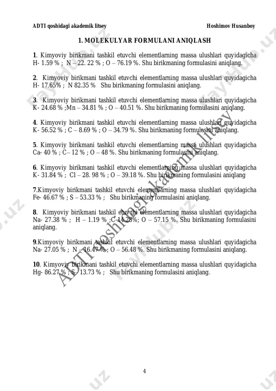 no2 c) c2h5no2 d) c3h8no2 10. 5.4gr nomalum modda yonganda 8.8 gr co2 , n2 2.8 va 1.8 gr h2o hosil bo’ldi. nomalum moddani formulasini aniqlang . a) ch3no2 b) co(nh2)2 c) hocn d) hcn adti qoshidagi akademik litsey hoshimov husanboy 6 3. eng zarur reaksiyalari. 1. ammiyakning kislorod bilan reaksiyasi. a) katalizator ishtirokida b) katalizatorsiz 2. fosfor (v) – oksidning suv bilan reaksiyasi. a) issiq suv bilan. b) sovuq suv bilan. 3. azot (iv) – oksidning suv bilan boradigan reaksiya tenglamasini yozing. a) kislorod ishtirokida b) kislorodsiz 4. bertole tuzini 2 xil parchalanish reaksiyasi. a) katalizatorli b) katalizatorsiz 5. ammoniy nitrat va ammoniy nitritlarning parchalanish reaksiyasi. 6. xlorning ishqor eritmasi bilan reaksiyasi. a) issiq ishqor eritmasi b) sovuq ishqor eritmasi 7. laboratoriya sharoitida kalsiy karbiddan asetilen hosil bo`lib reaksiya tenglamasini yozing. 8. alyuminiy karbidning suv bilan reaksiyasi 9. ortofosfat kislotani 2000c dan yuqori haroratda qizdirilsa qanday modda hosil bo`ladi? …