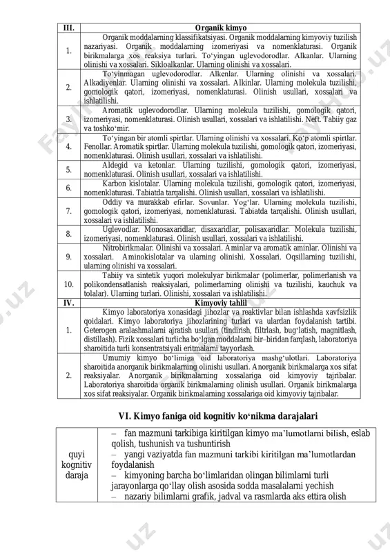 ularning molekula tuzilishi, gomologik qatori, izomeriyasi, nomenklaturasi. olinish usullari, xossalari va ishlatilishi. 5. aldegid va ketonlar. ularning tuzilishi, gomologik qatori, izomeriyasi, nomenklaturasi. olinish usullari, xossalari va ishlatilishi. 6. karbon kislotalar. ularning molekula tuzilishi, gomologik qatori, izomeriyasi, nomenklaturasi. tabiatda tarqalishi. olinish usullari, xossalari va ishlatilishi. 7. oddiy va murakkab efirlar. sovunlar. yogʻlar. ularning molekula tuzilishi, gomologik qatori, izomeriyasi, nomenklaturasi. tabiatda tarqalishi. olinish usullari, xossalari va ishlatilishi. 8. uglevodlar. monosaxaridlar, disaxaridlar, polisaxaridlar. molekula tuzilishi, izomeriyasi, nomenklaturasi. olinish usullari, xossalari va ishlatilishi. 9. nitrobirikmalar. olinishi va xossalari. aminlar va aromatik aminlar. olinishi va xossalari. aminokislotalar va ularning olinishi. xossalari. oqsillarning tuzilishi, ularning olinishi va xossalari. 10. tabiiy va sintetik yuqori molekulyar birikmalar (polimerlar, polimerlanish va polikondensatlanish reaksiyalari, polimerlarning olinishi va tuzilishi, kauchuk va tolalar). ularning turlari. olinishi, xossalari va ishlatilishi. iv. kimyoviy tahlil 1. kimyo laboratoriya xonasidagi jihozlar va reaktivlar bilan ishlashda xavfsizlik qoidalari. kimyo laboratoriya jihozlarining turlari va ulardan foydalanish tartibi. geterogen …