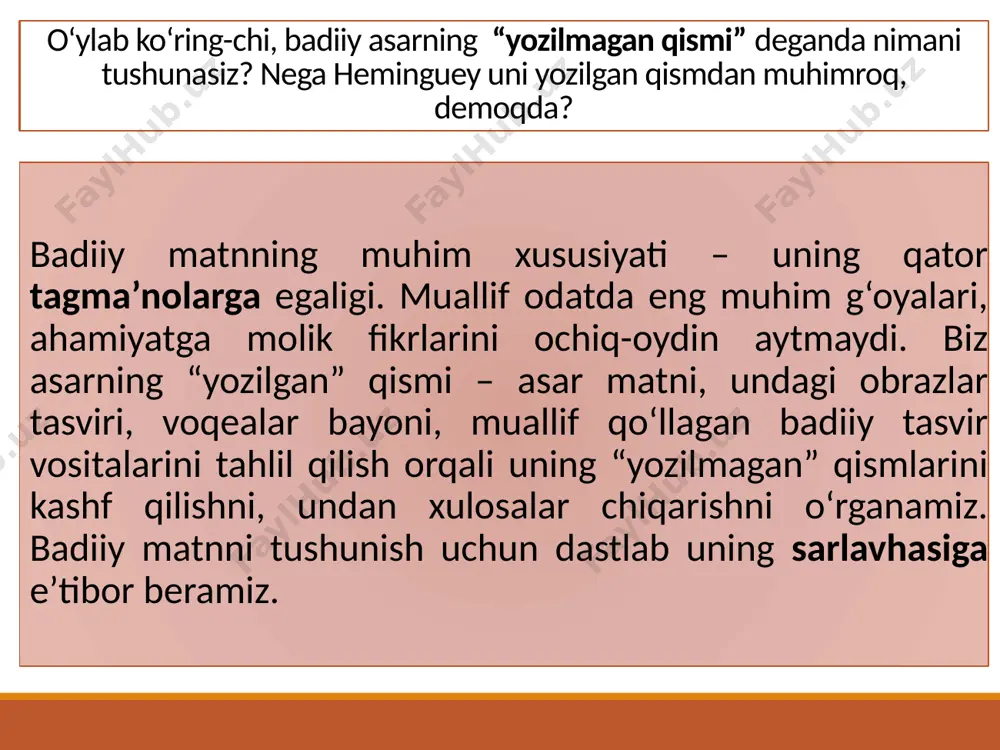yurtga begonaligini ko‘rsatadi: u soyabonli kepka kiyib yuradi, qishloqlarda esa odatda bunday bosh kiyim kiyilmaydi. laqabi uning nomi-nishoniga (ismiga) aylangan – muhojir bu qishloqqa, uning qadriyatlariga, xususan, ota uchun qadrli bo‘lgan daraxtga begona. shuning uchun u otaning daraxtni avaylab-asrash bilan bog‘liq tuyg‘ularini his qilmaydi. parchadagi sifatlashlarga e’tibor beramiz: “o‘lik”, “ruhsiz”, “behalovat”. qahramonlar ruhida “lanjlik”. ota bu holatdan qutulish uchun daraxtning barg yozishini kutmoqda, lekin daraxt qurigan, “yalang‘och”, “qaqqayib turibdi”. daraxtning qurishi sababini tushunganota “ilonday vishilladi”. bu o‘xshatish orqali darg‘azab ota qiyofasi ta’sirli, yorqin ifoda etilgan. daraxt tomirlarini namlik hali butunlay tark etmaganini ko‘rgan ota uni avvalgi holiga qaytarish uchun o‘zida kuch topishi, “oyoqqa turishi” kerak bo‘ladi. asarning keyingi qismida tabiat tasviriga e’tibor bering. parchadagi badiiy tasvir vositalari nimaga xizmat qilmoqda? hovlidagi daraxt siz “hovlidagi daraxt” asaridan qanday xulosa chiqardingiz? hikoyadagi daraxt kim yoki nimaning ramzi? muallif bu orqali qanday g‘oyani ilgari surmoqda? e’tiboringiz uchun rahmat foydalanilgan adabiyot: adabiyot [matn]: 7-sinf …