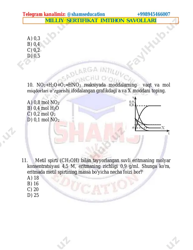 dalar hosil bo’ladi? (sis va trans izomerlar hisobga olinmasin) a+br2→… b+hbr→… 1)2,3-dibromgeksan 2)3,4-dibromgeksan 3)1-bromgeksan 4)2-bromgeksan telegram kanalimiz: @shamseducation +998945466007 milliy sertifikat imtihon savollari a) 2,4 b) 1,2 c) 1,3 d) 2,3 27. tarkibi bo’yicha 3 atom uglerodga farq qiladigan 2 ta to’yingan uglevodorod gomologlari aralashmasidan 13 g miqdori yondirilganda 39,6 g co2 hosil bo’ldi. dastlabki uglevodorodlar qanday mol nisbatda aralashgan? a) 3:4 b) 2:3 c) 2:1 d) 1:1 28. metilaminga noma’lum alkan qo’shilganda uglerod atomlari soni 4 marta, vodorod atomlari soni esa 3,4 marta ortdi. alkan molyar massasini toping. a) 30 b) 16 c) 44 d) 58 telegram kanalimiz: @shamseducation +998945466007 milliy sertifikat imtihon savollari 29. tarkibida 2 xil alkan bo’lgan aralashmada c va h atomlari soni nisbati 7:17. birinchi alkan tarkibida bo’lgan c atomlarining ikkinchi alkan tarkibidagi c atomlariga nisbati 2:3. birinchi va ikkinchi alkanlarning mol nisbati 2:1. birinchi alkanni toping. a) etan b) propan c) butan d) neopentan …