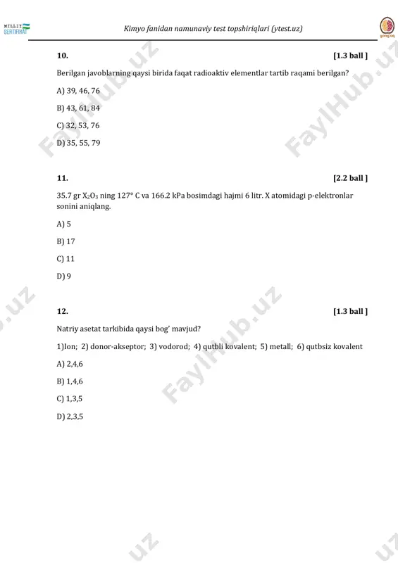 talab etiladi? a) 39.2 b) 58.8 c) 29.4 d) 49 28. [1.3 ball ] trixlorsirka kislota tarkibidagi uglerodning oksidlanish darajalari yig’indisini ko’rsating. a) +5 b) +4 c) +6 d) -2 kimyo fanidan namunaviy test topshiriqlari (ytest.uz) 29. [2.2 ball ] hozrgi kunda aseton qaysi moddadan olinadi. a) xloroform b) sirka kislota c) propanol-2 d) metanol 30. [2.2 ball ] qaysi ionlar kvarteti eritmada birga bo’la oladi? 1)na+, cl-, ag+, no3 - ; 2) ba+2, no-, al+3, so4 -2 ; 3) k+, f-, ag+, no3 - ; 4) fe+2, so4 -2, k+, oh- ; 5) cu+2, cl-, k+, so4 -2 a) 1,2,4 b) 3.5 c) 1.2 d) 3.4.5 31. [1.3 ball ] berilgan moddalar orasidan to’q qizil rangli kristal moddani ko’rsating. a) cro3 b) cro c) h2cro4 d) cr2o3 kimyo fanidan namunaviy test topshiriqlari (ytest.uz) 32. [2.2 ball ] laboratoriyada konsentrlangan nitrat va sulfat kislotalar x metalidan yasalgan idishlarda saqlanadi. chunki …