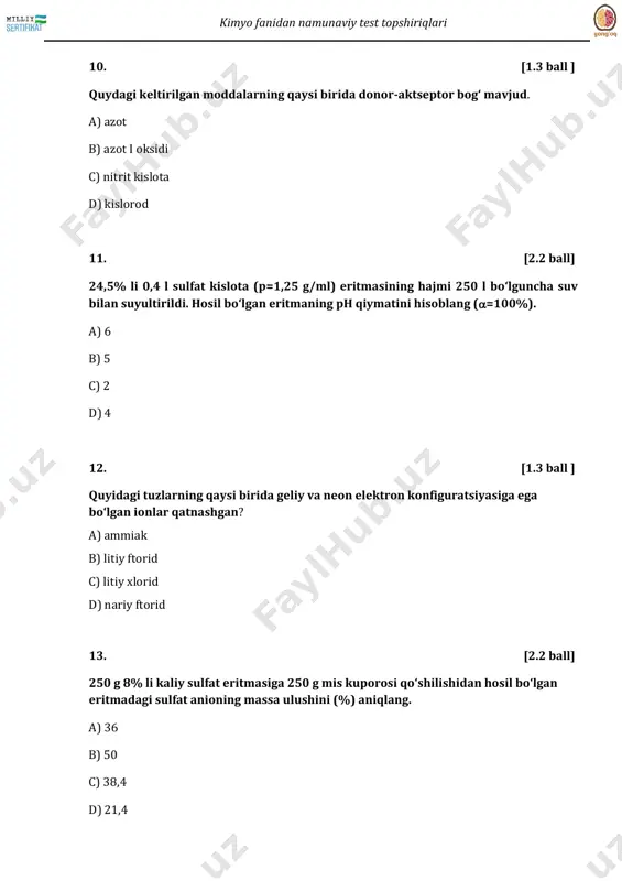 , 6 b) 2, 3,6 c) 1,5 d) 1,4, 5 28. [1.3 ball] qaysi moddalar ketma-ketligidan foydalanib propanoldan izopropanol olish mumkin? a) konsentrlangan sulfat kislota (t > 1400c); brom (febr3) b) konsentrlangan sulfat kislota (t > 1400c); suv (h2so4) c) natriy gidroksidning suvli eritmasi; vodorod xlorid d) vodorod bromid; kaliy gidroksidning spirtli eritmasi kimyo fanidan namunaviy test topshiriqlari 29. [2.2 ball] izobutilen va siklobutandan 18 litr (n.sh) aralashma va ko`p miqdorda olingan kislorod portlatilgandan so`ng hosil bo`lgan suv bug`i kondensiyalandi. qolgan gazlar aralashmasi 80 litr (n.sh) ni tashkil etsa, reaksiya uchun olingan kislorodning hajmini (l, n.sh) toping. a) 108 b) 116 c) 72 d) 80 30. [2.2 ball] berilgan sxemadagi reagentlarni toping. glukonglukozalaktoza iii  kislota a) i-ag2o ; ii-h2o b) i-h2o h+ ; ii-hno3 c) i-h2o h+ ; ii-cu(oh)2 d) i-h2o oh- ; ii-cu(oh)2 31. [1.3 ball ] magniy va alyuminiy gidroksid eritmalarini qanday ajratish mumkin? a) kislotada eritish …