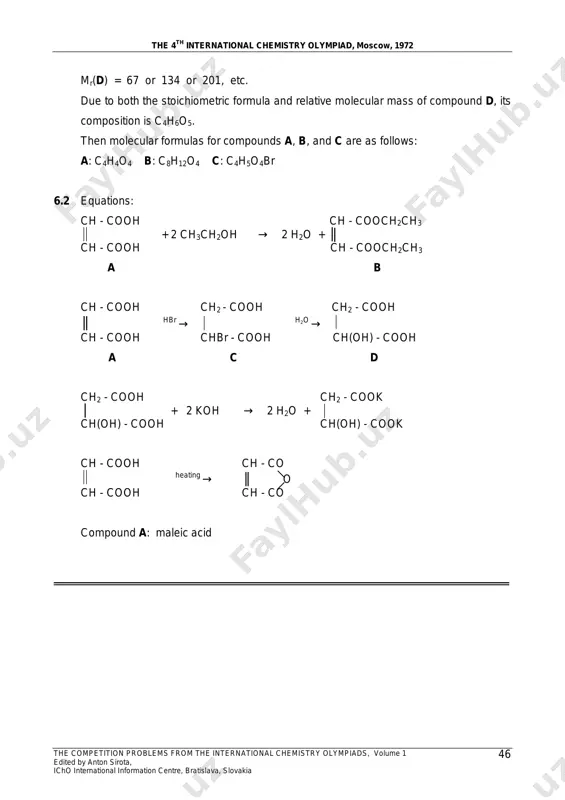 nternational information centre, bratislava, slovakia 59 (6) ch3cooh + nh3 → ch3coonh4 (7) [ag(nh3)2]oh + 3 hno3 → agno3 + 2 nh4no3 + h2o (8) ch3coonh4 + hno3 → nh4no3 + ch3cooh (9) nh3 + hno3 → nh4no3 (10) agno3 + nabr → agbr + nano3 (11) ch ≡ ch + 2 h2 → ch3 – ch3 (12) ch3c ≡ ch + 2 h2 → ch3 – ch2 – ch3 6.3 according to (11) and (12) and regarding the excess of hydrogen, amounts of substances before catalytic hydrogenation are as follows: mol25.0.e.i,dm6.5 2 dm2.11 )mixture( 3 3 ==n 26 x + 40 (0.25 – x) = 28.8 × 0.25 x = 0.2 n(c2h2) = 0.2 mol n(c3h4) = 0.05 mol before hydration: 3 3 -1 16.8 dm (mixture) 0.75 mol 22.4 dm mol n = = n(agno3) = c v = 1 mol dm-3 × 0.07 dm3 = 0.070 mol …